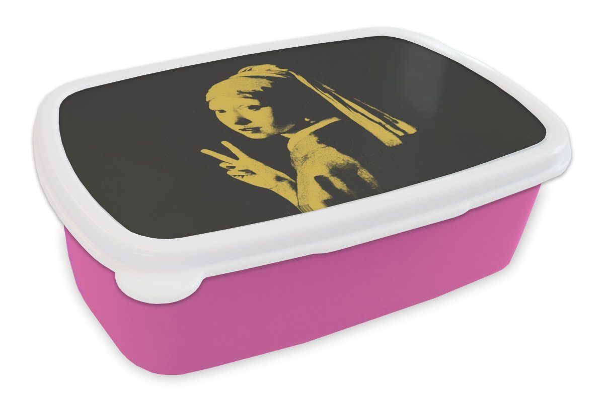 MuchoWow Lunchbox Das Mädchen mit dem Perlenohrring - Vermeer - Frieden, Kunststoff, (2-tlg), Brotbox für Erwachsene, Brotdose Kinder, Snackbox, Mädchen, Kunststoff rosa
