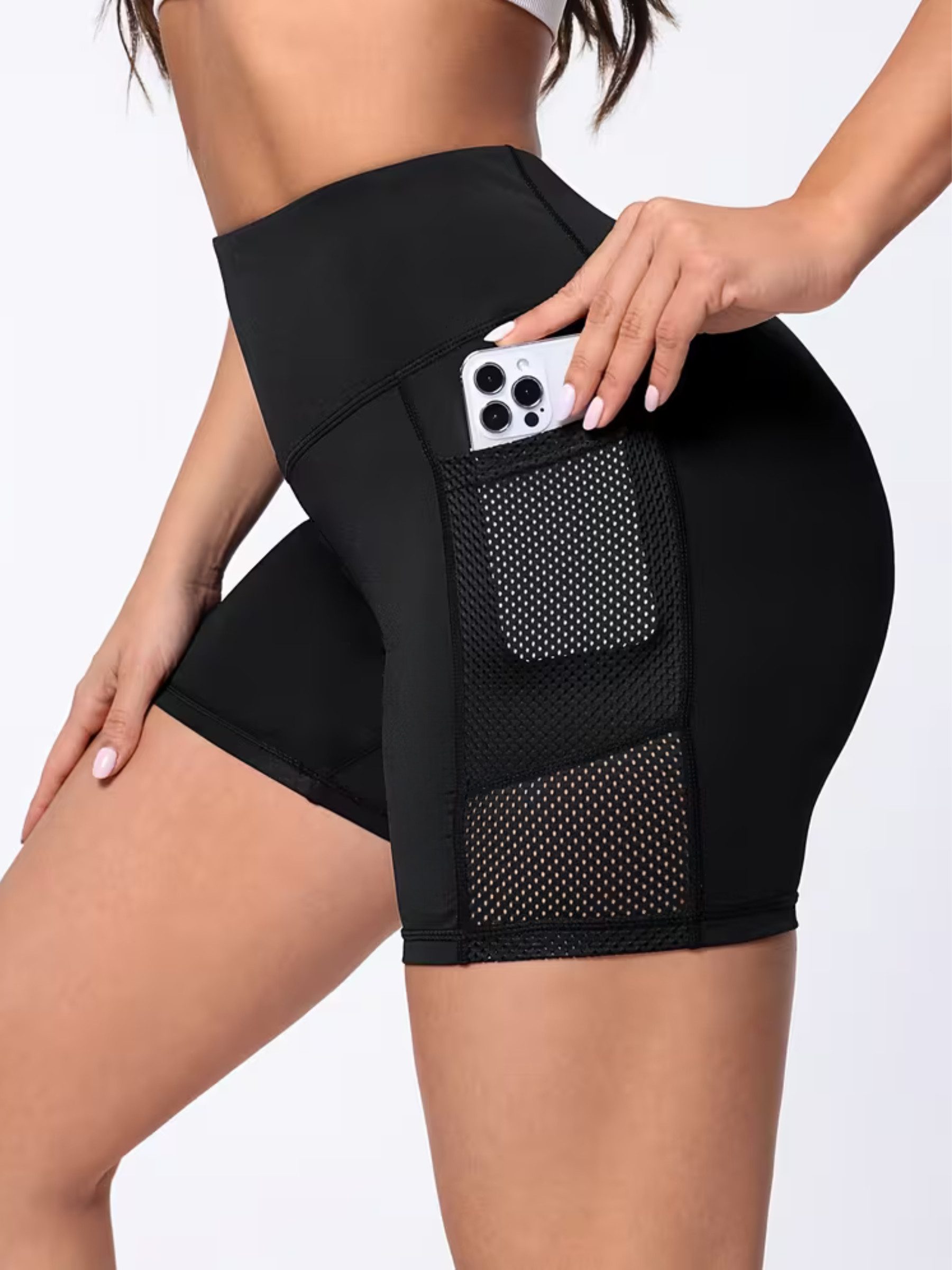 FemmeTone Shorts Radlerhose Damen High-Waist mit Handytaschen und Mesh-Einsätzen Bikerhose mit breitem Bund – Sporthose für Yoga, Gym & Workout