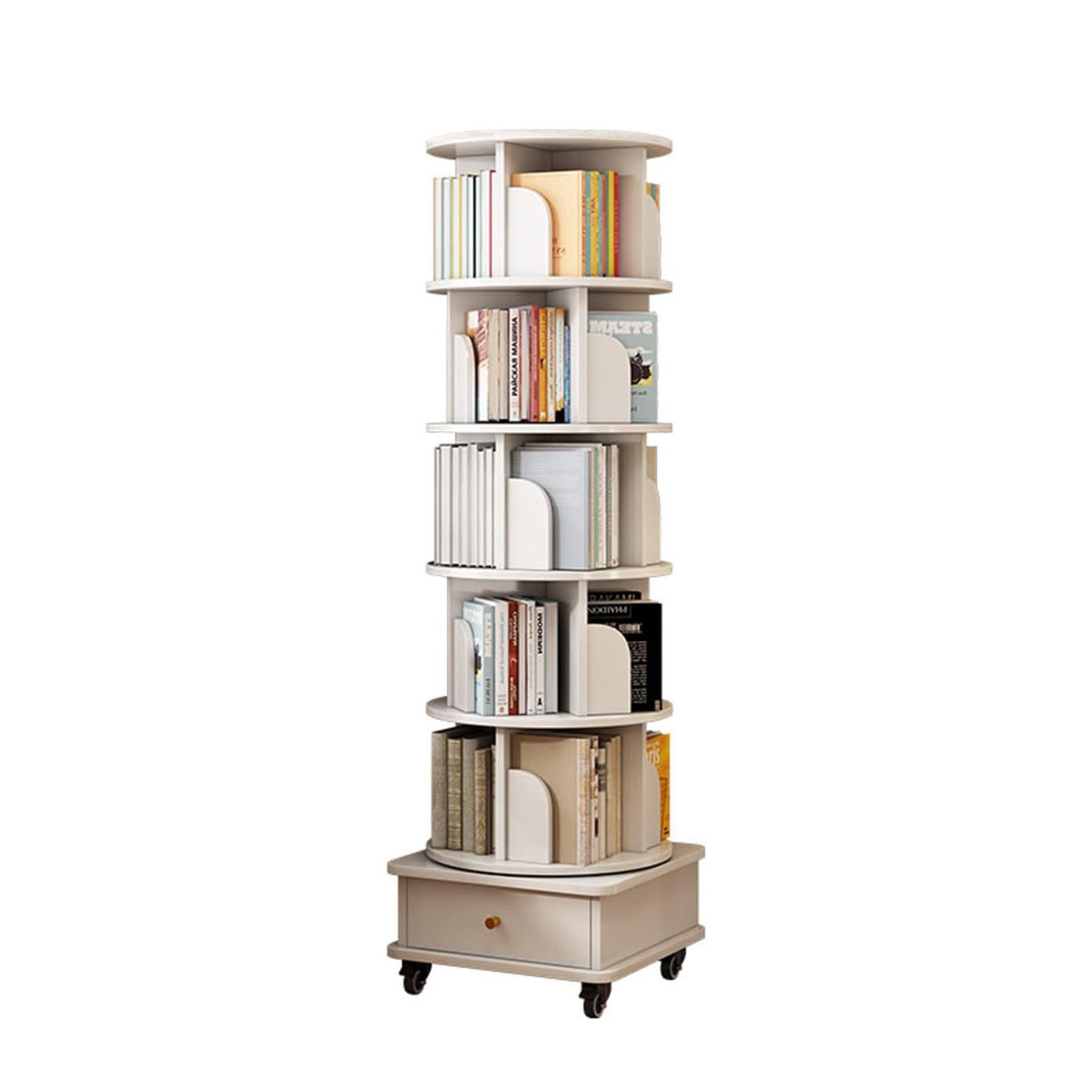 Yorbay Bücherregal 6 Ebenen 360 Grad drehbar, mit Schublade und Rollen 98 kg