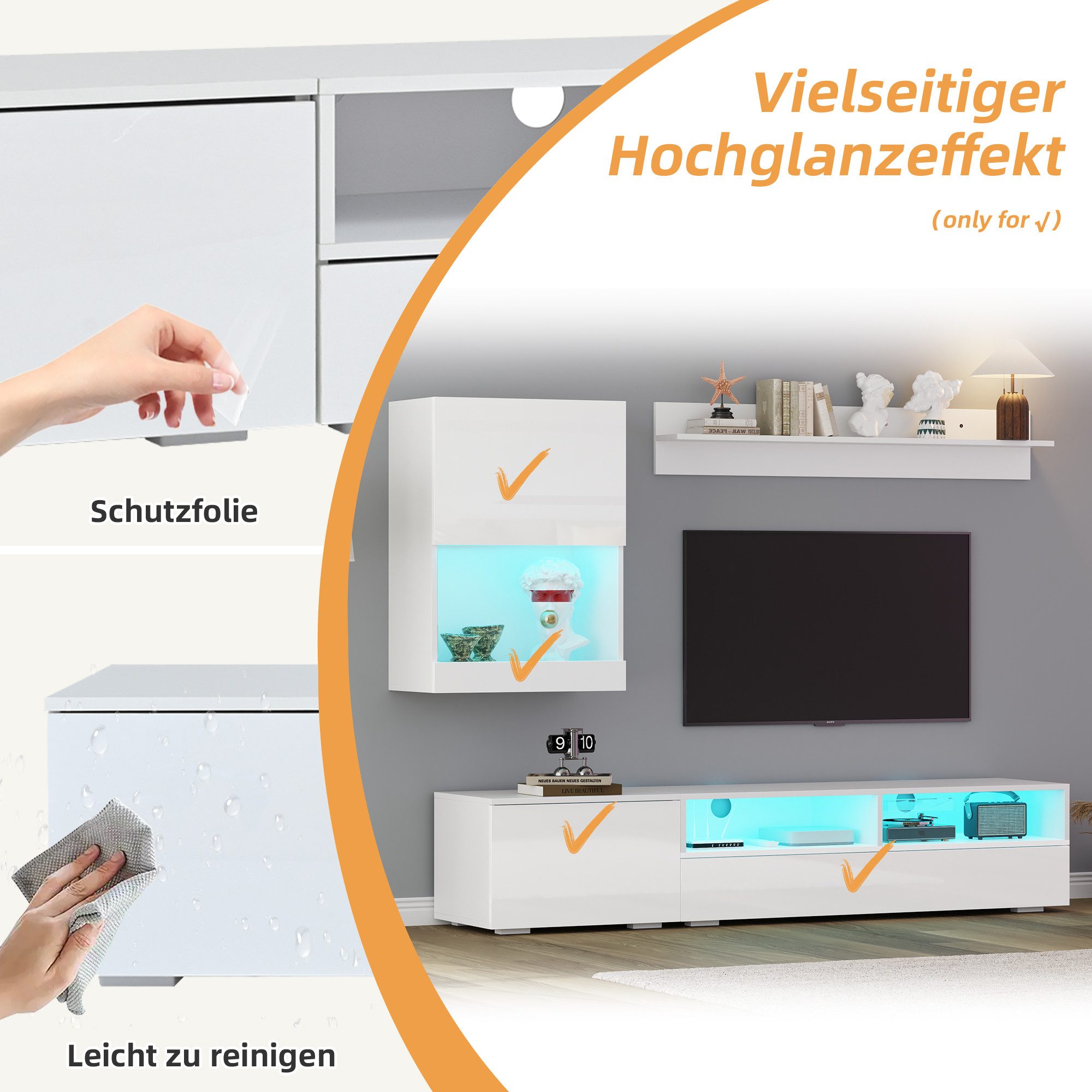 Yorbay Wohnwand Wohnwand 3-st TV schrank Hochglanz, mit LED Beleuchtung, Weiß