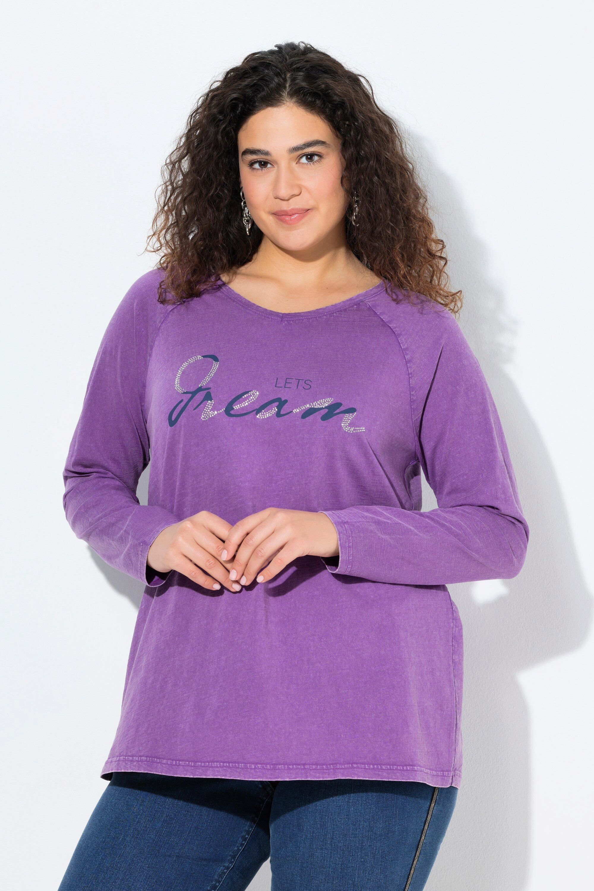 T-Shirt Shirt Vintage-Look A-Linie V-Ausschnitt Langarm