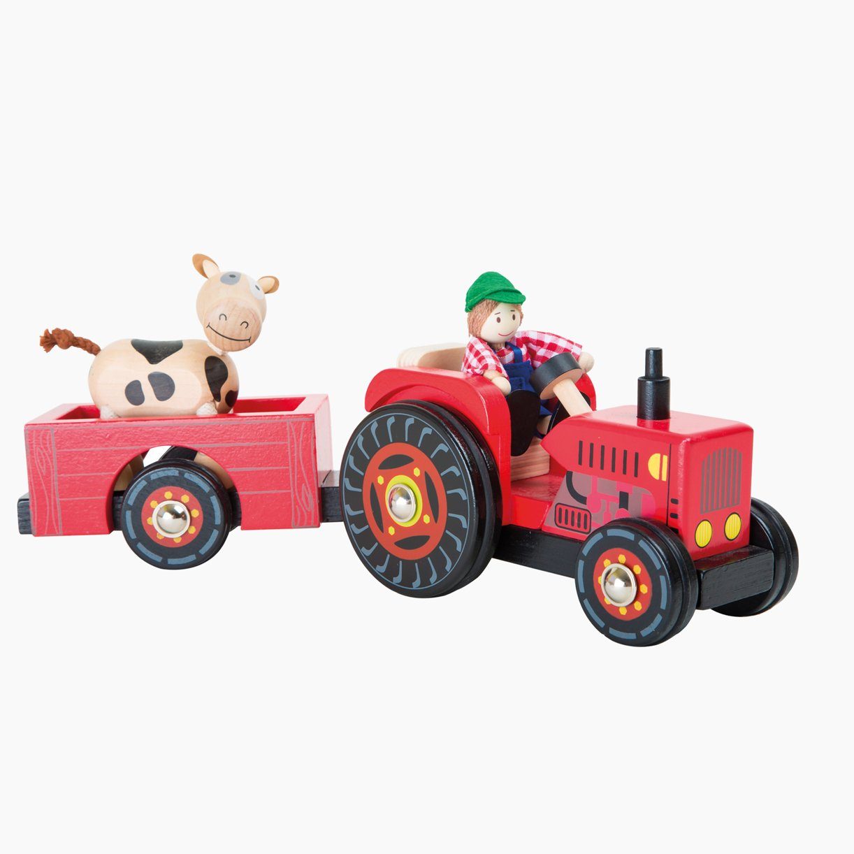 Small Foot Spielzeug-Traktor Traktor mit Anhänger „Bauernhof“, (Set, 4-tlg), Bauer und Kuh sind Biegepüppchen