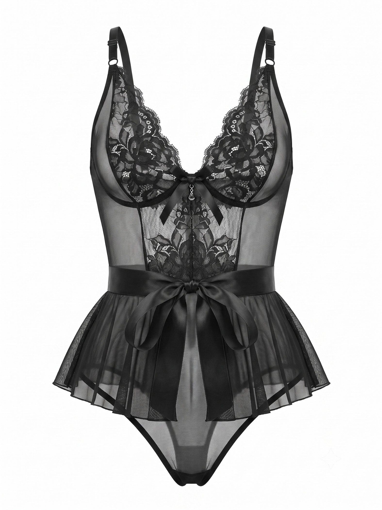Elegant Love Kurzarmbody Sexy Damen-Tüllbody, Spitzen-Dessous, Lingerie mit überkreuztem Rücken (1-tlg) Teddy mit floraler Spitze & Schleife, verführerische Damen-Unterwäsche