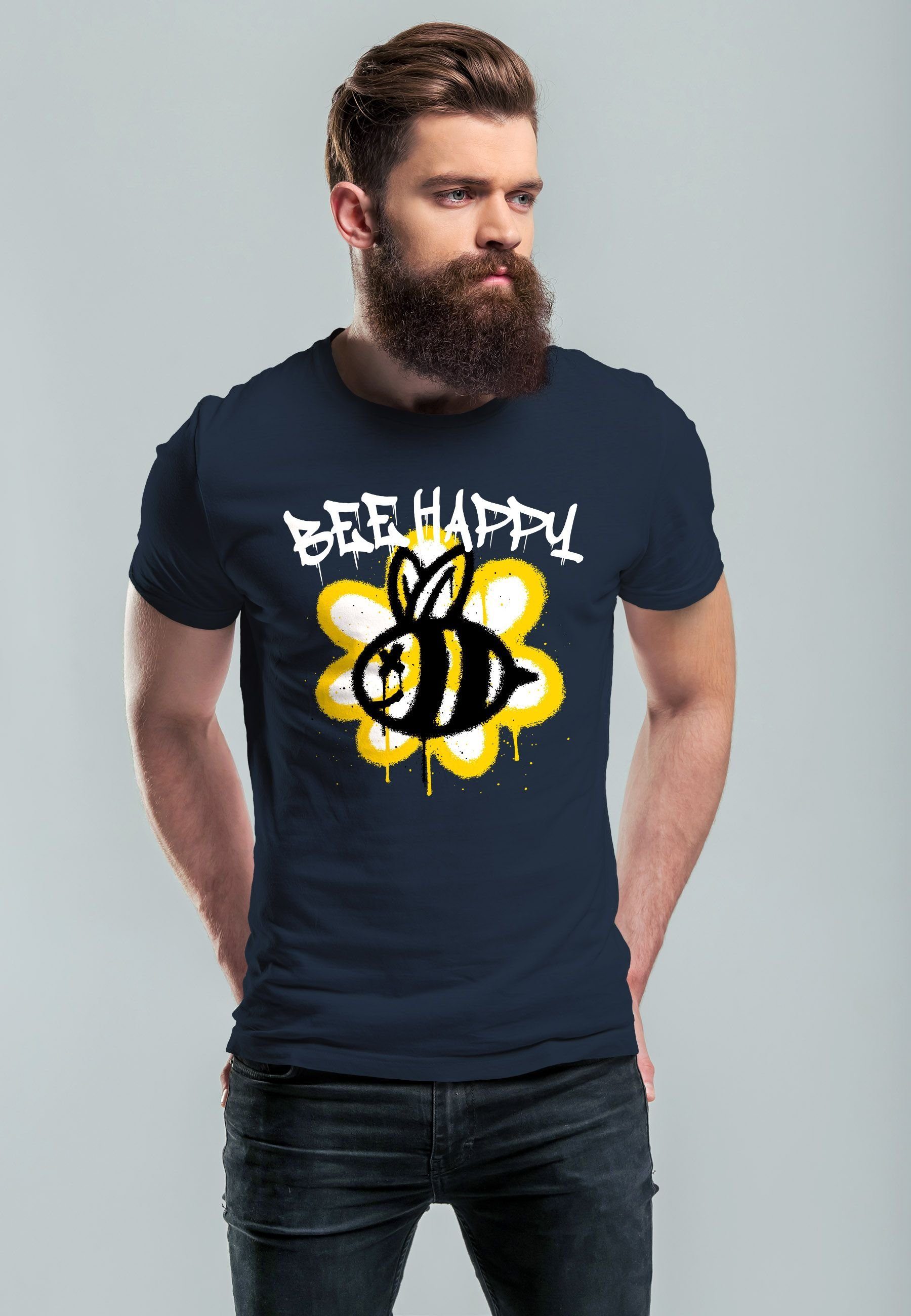 Graffiti Print Blume Aufdruck SchriftzugFashi T-Shirt Biene navy mit Bee Neverless Herren Happy Print-Shirt