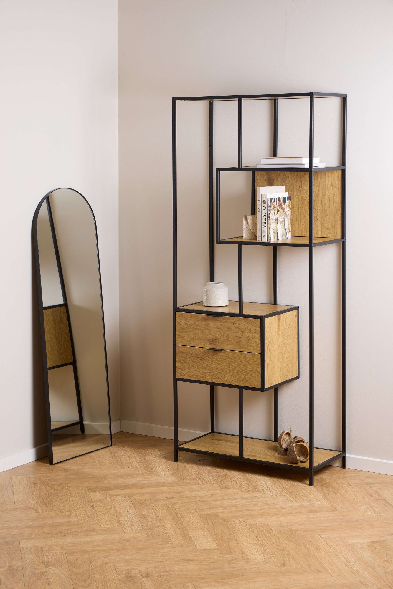 ACTONA GROUP Regal Seaford, Standregal, Regal, Raumteiler, schwarzer Stahlrahmen, 2 Schubladen, Wendemodul, Breite 77 cm