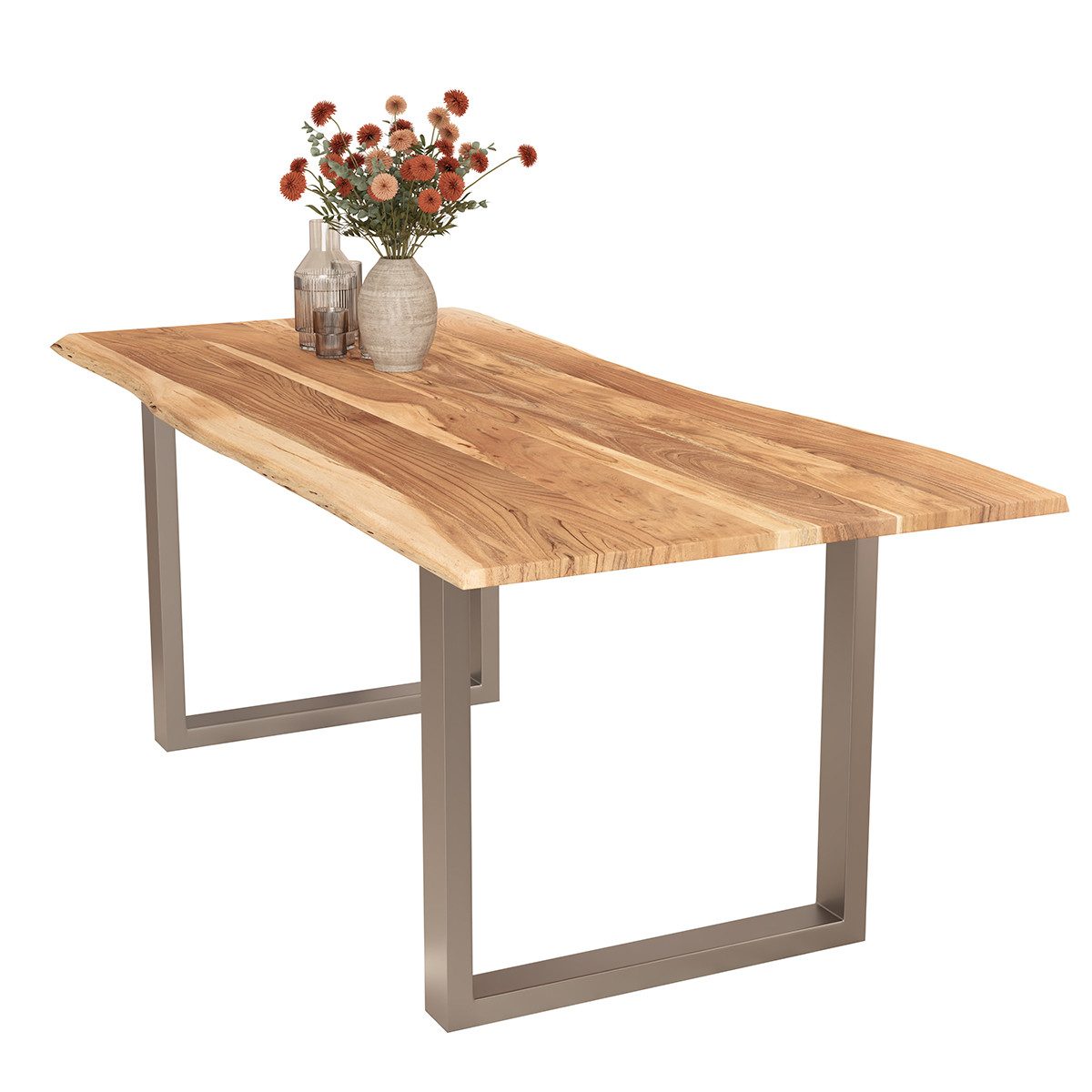 Liadomo Baumkantentisch Hugo, Baumkantentisch, Esstisch, Massivholztisch, Esszimmertisch, mit Esstischplatte aus Akazie und Metallgestell U-Form schwarz