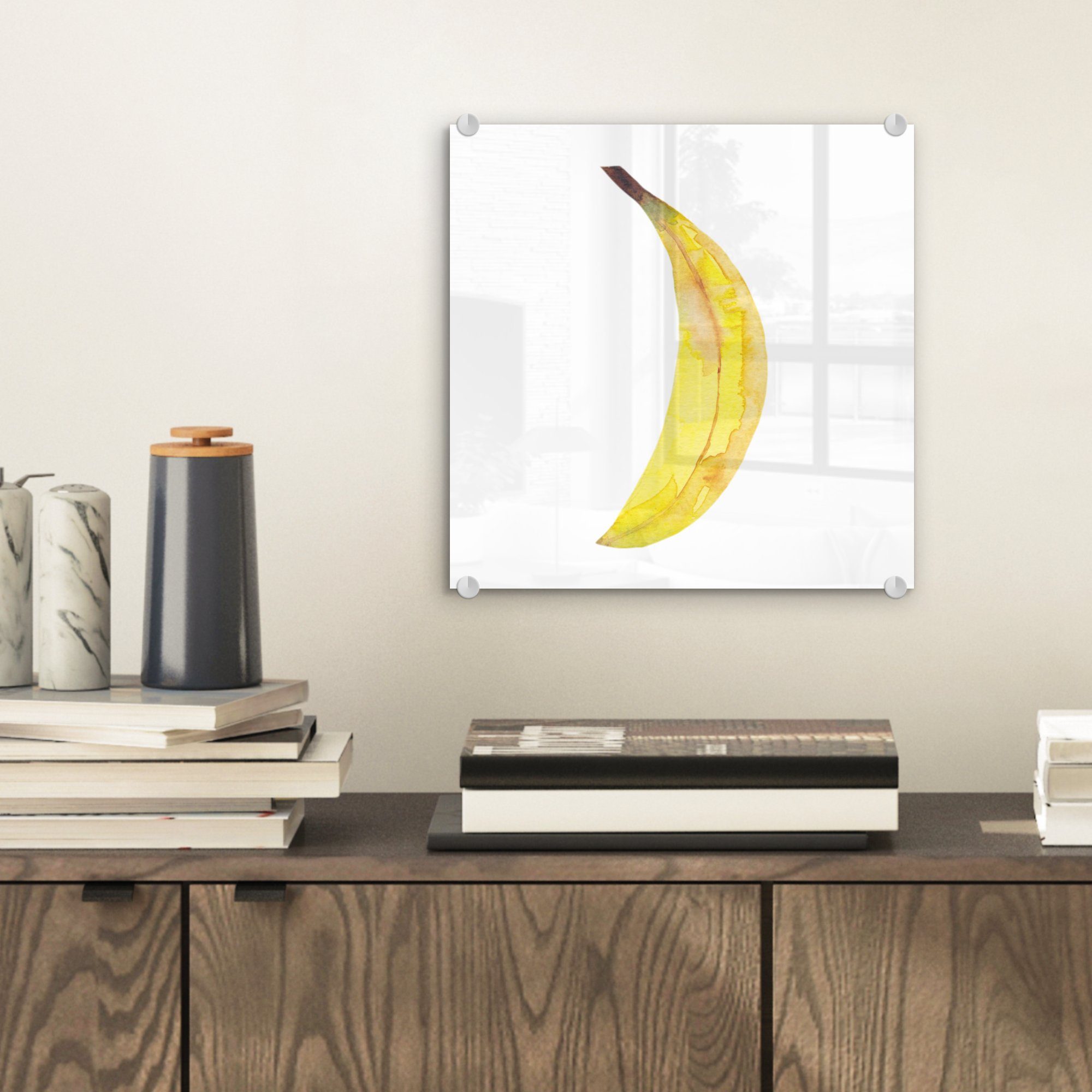 Glas - - Weiß, MuchoWow (1 Glasbilder St), Bilder - - Banane auf Acrylglasbild Aquarell Glas Wanddekoration - Foto Wandbild auf