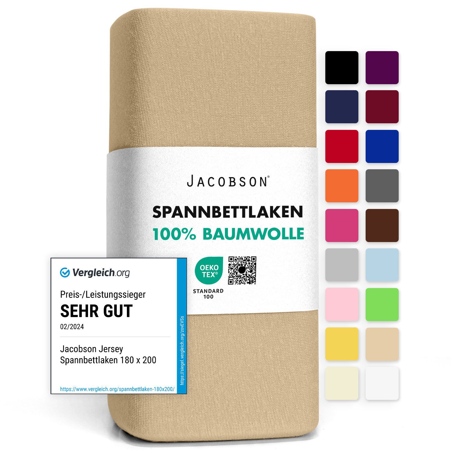 Jacobson Spannbettlaken aus 100% Baumwolle, Jersey Bettlaken 160 g/m², Spannbetttuch mit Gummizug, pflegeleicht & viele Farben
