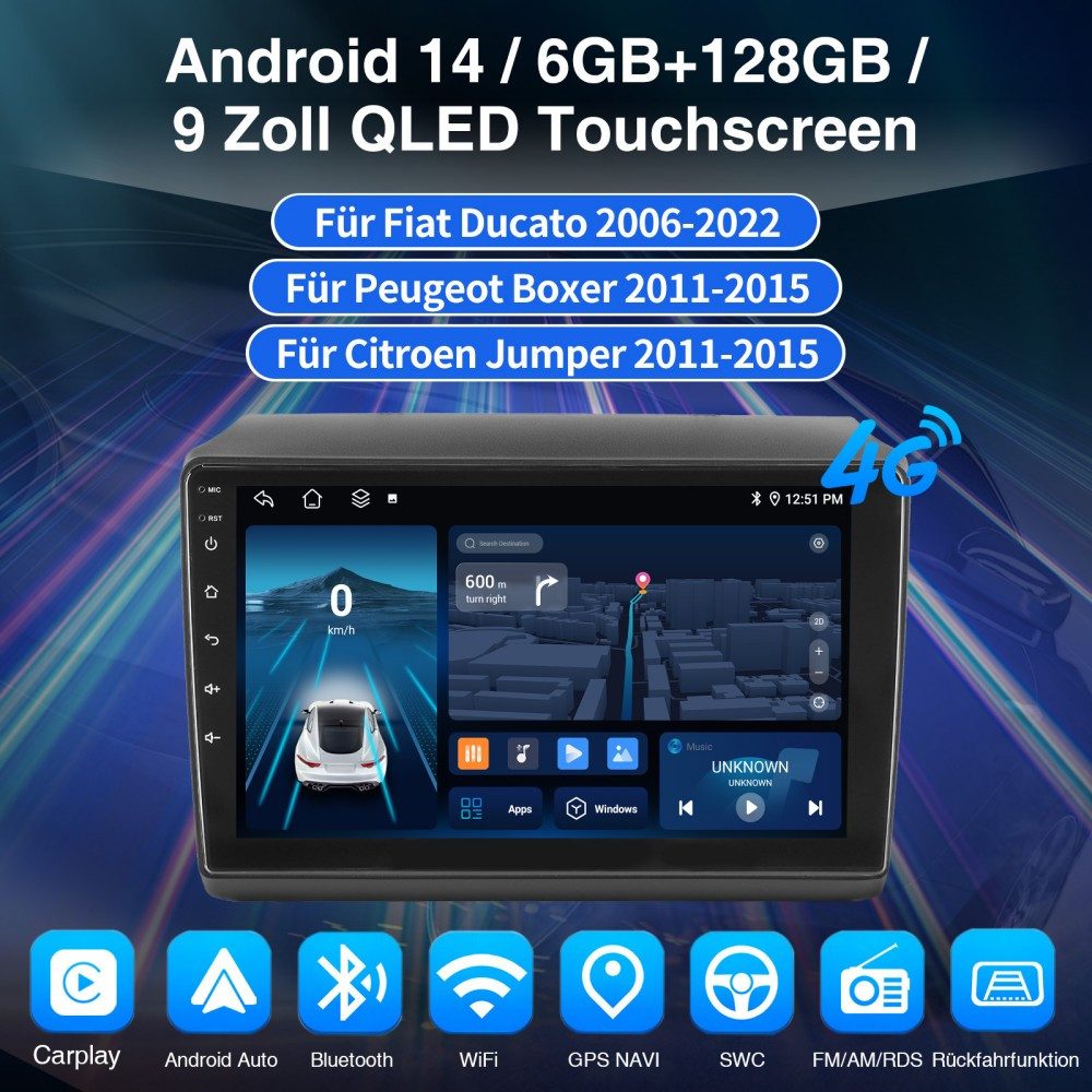 ESSGOO 4G DAB+ 8Core Für Fiat Ducato 2006-22 6+128G Android 15 CarPlay GPS Autoradio (RDS, Digitalradio (DAB), FM, AM, Carplay Android Auto Bluetooth EQ USB GPS Navi WIFI Touchscreen)