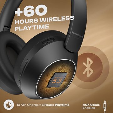 PowerLocus Über 60 Stunden Spielzeit Headset (HD Stereo + Super Bass: 40-mm-Neodym-Audiotreiber für klare Höhen und ausgewogene Mitten. Einzigartiger Bass-Modus für intensiven Sound., mit Premium-Komfort Hervorragende Geräuschunterdrückung, HD Stereo)