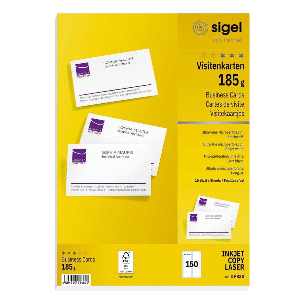 Sigel Visitenkarten VISITENKARTEN,MP, hochweiß, perforiert, 185 g/m²