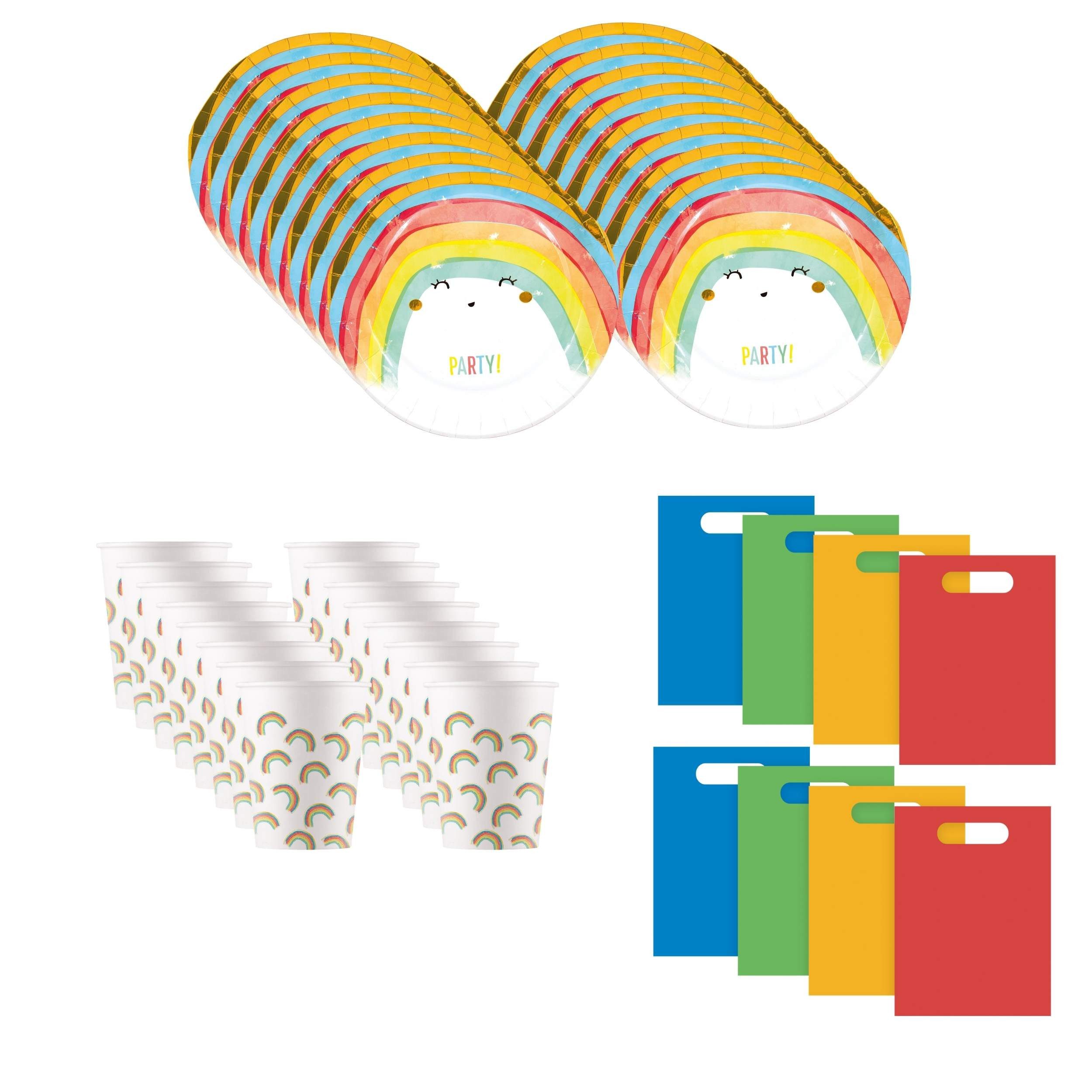Procos Einweggeschirr-Set 40-tlg. Regenbogen Party Set für Kindergeburtstag, 16 Personen