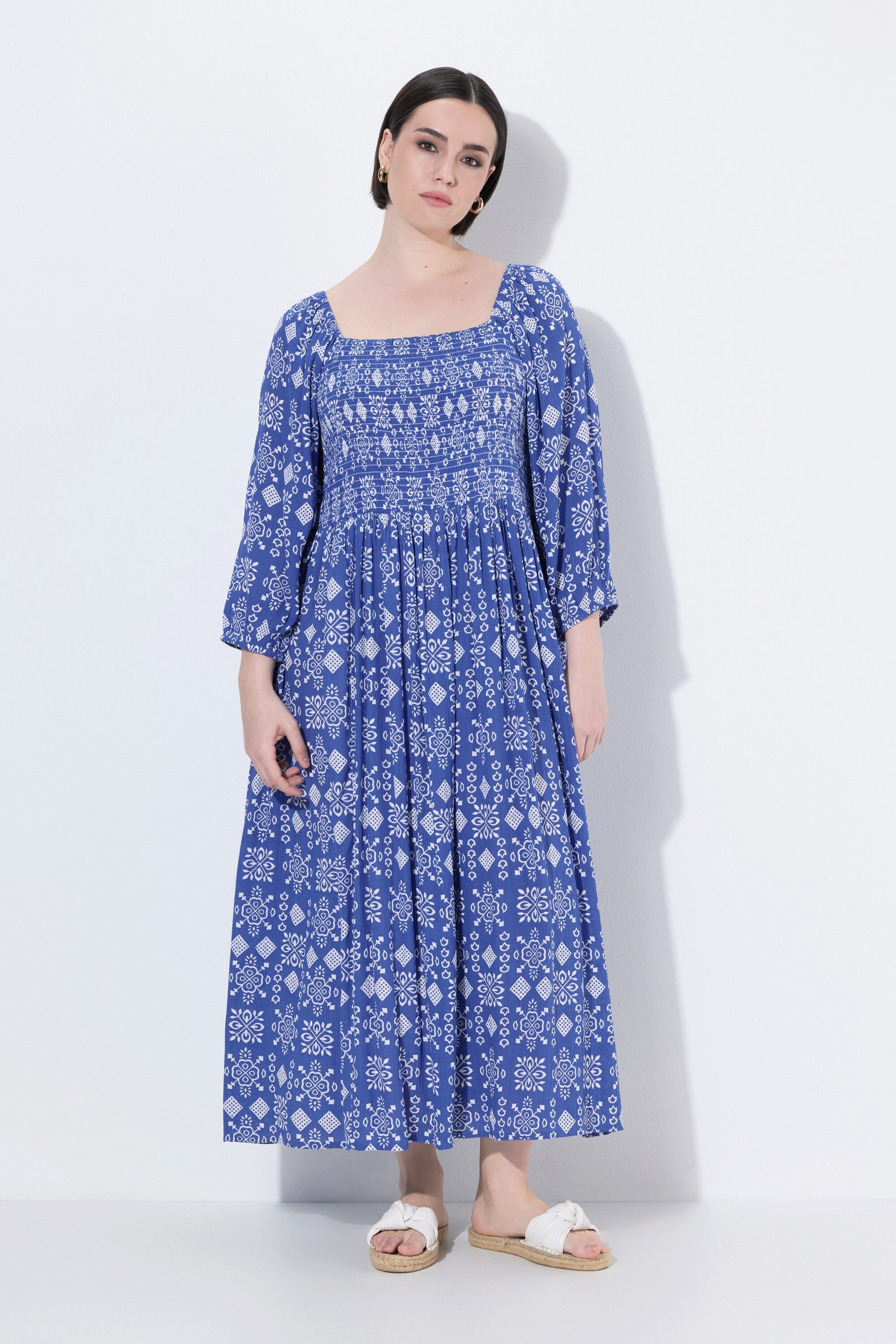Ulla Popken Midikleid Midikleid A-Linie Carré-Ausschnitt 3/4-Arm