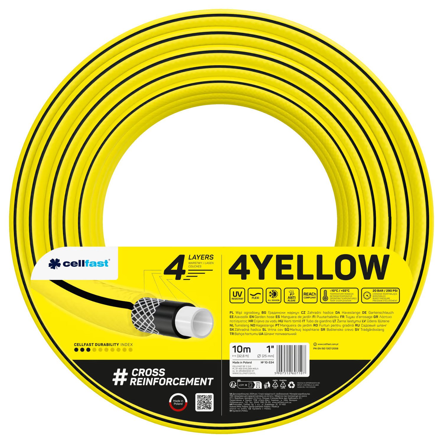 Cellfast Gartenschlauch 4YELLOW Gartenschlauch 1 Zoll, 4-lagig, UV-beständig