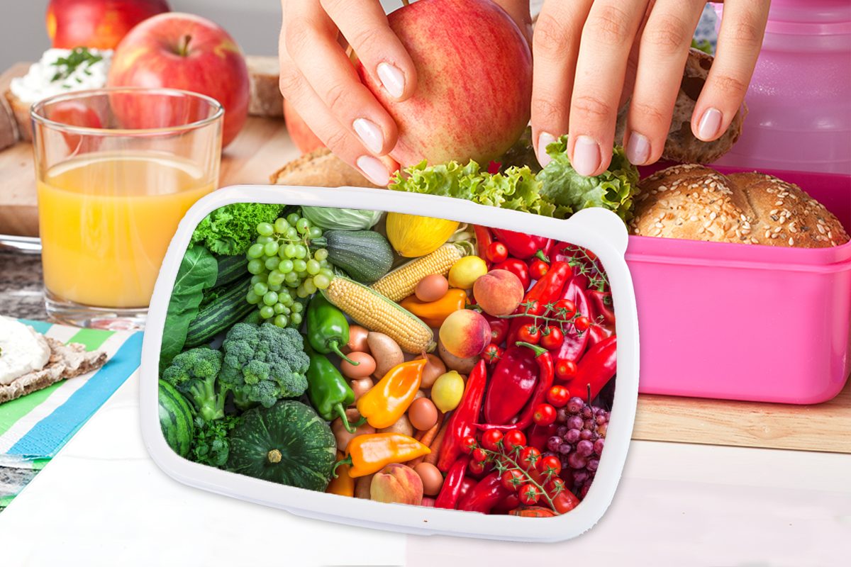 Brotdose Regenbogen, - Mädchen, rosa MuchoWow Lunchbox Kunststoff Kinder, Kunststoff, Gemüse - Obst Snackbox, Brotbox für (2-tlg), Erwachsene,