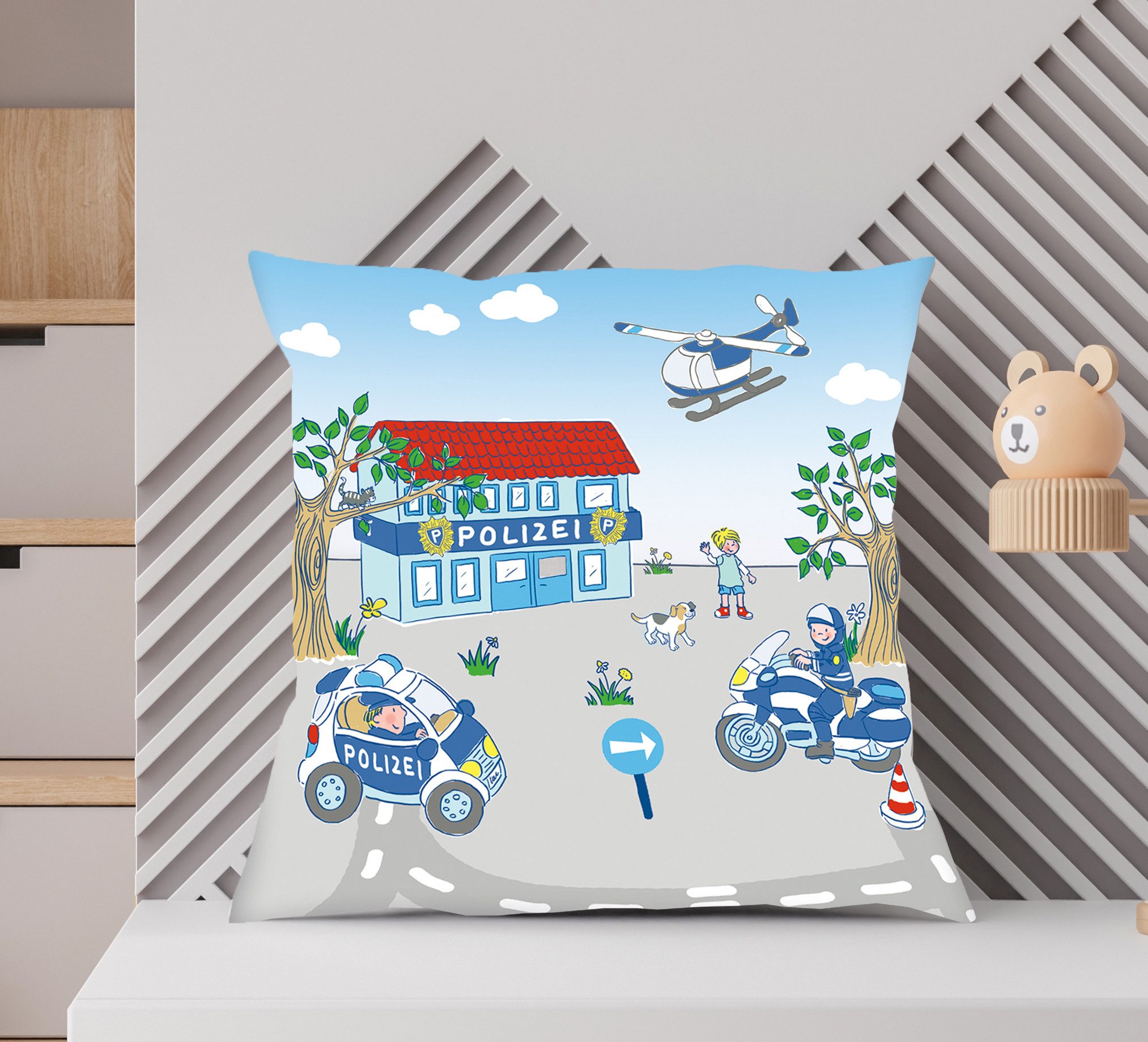 Herding Dekokissen Polizei Dekokissen 40x40cm hochfarbig bedruckt, Sehr anschmiegsam, kuschelig weiche Qualität