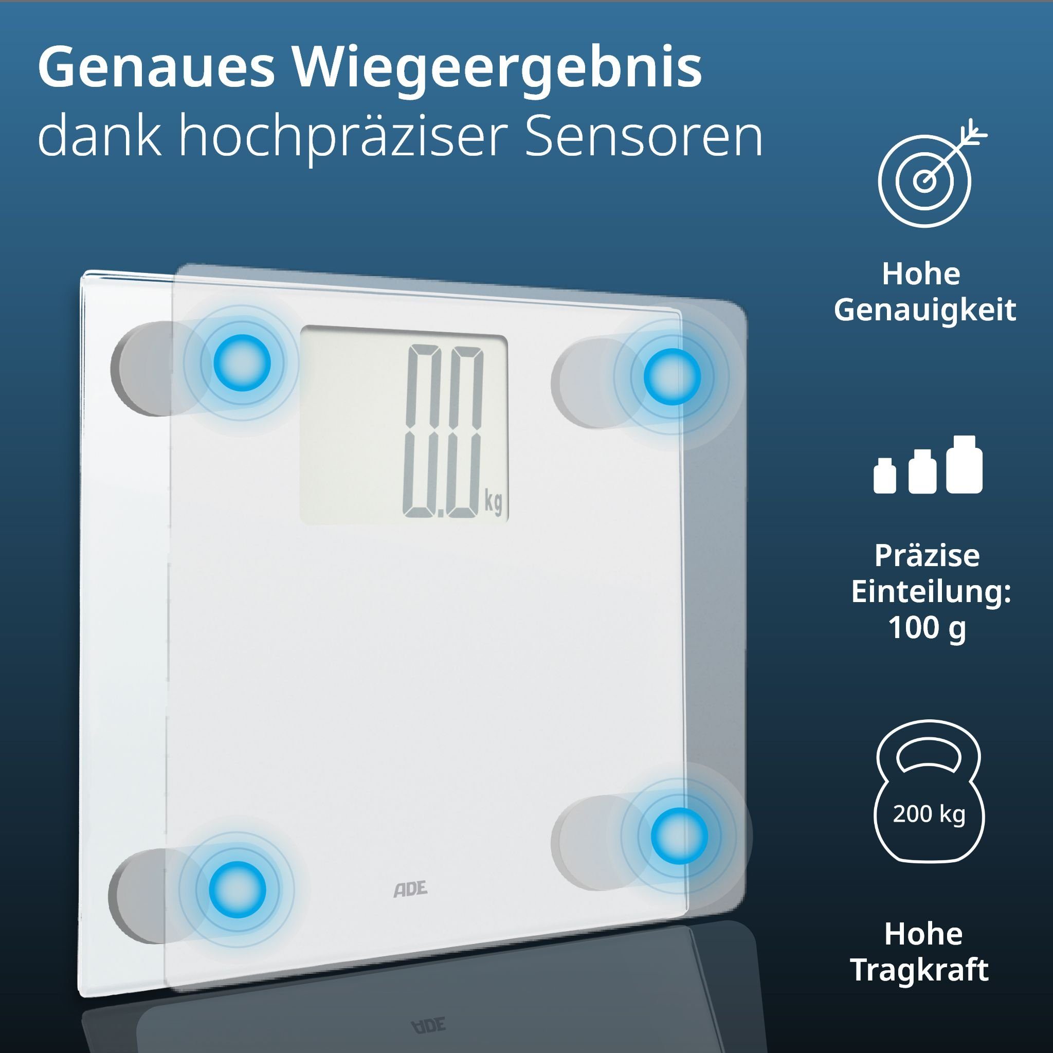 ADE Personenwaage Digitale Körperwaage bis 200 kg, XXL Display, gut ablesbar, Waage mit großen Ziffern für Senioren, inkl. 3 AAA Batterien