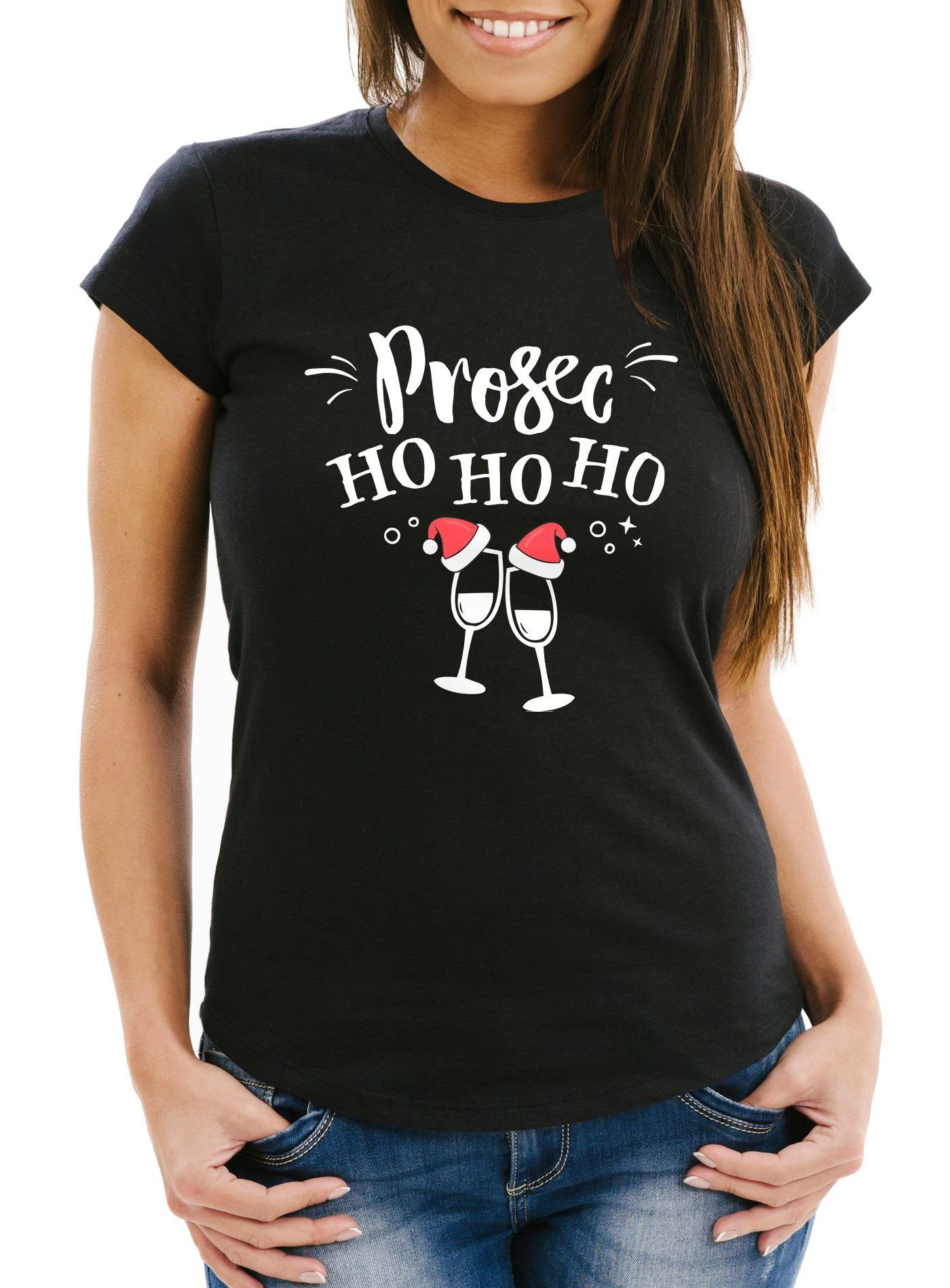 Lustig Print HoHoHo Weih Fun-Shirt mit Frauen MoonWorks T-Shirt Prosecco Damen Weihnachten Print-Shirt