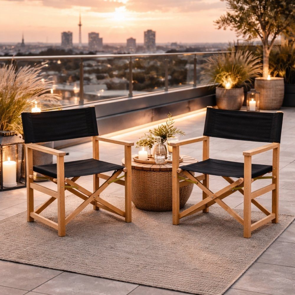 LebensWohnArt Stuhl Teak Klappstuhl REGIE natural – Outdoorstoff schwarz Wintergarten