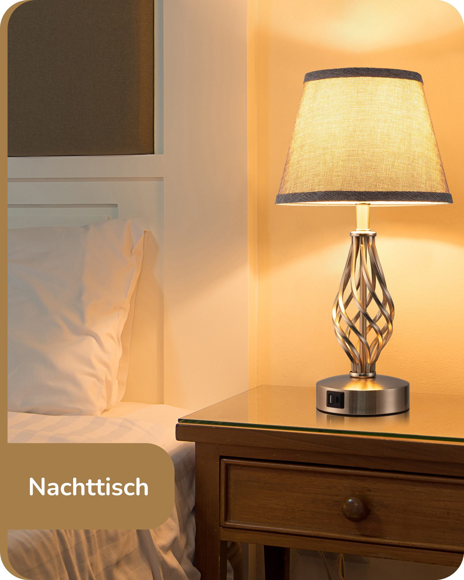 EDISHINE LED Nachttischlampe Touch Dimmbar 2er Set, LED wechselbar, Tischlampe mit Ladefunktion, 2 USB Anschlüsse