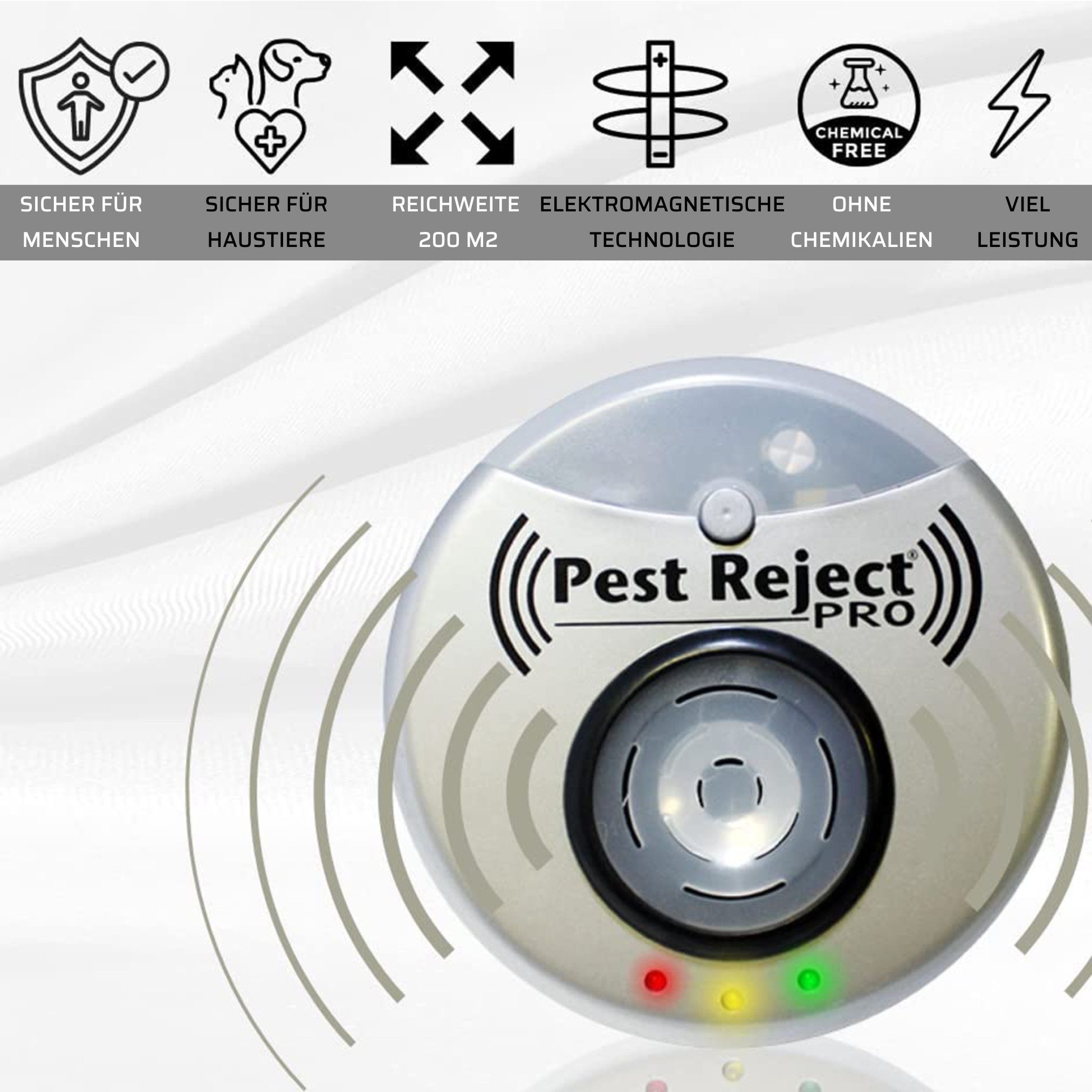 Pest Reject® Ultraschall-Tierabwehr Pest Reject Pro Insektenvertreiber, Spar-Set 1-tlg., 1er oder 2er Pack, Keine Chemie bis zu 200m2 mit Nachtlicht für die Steckdose