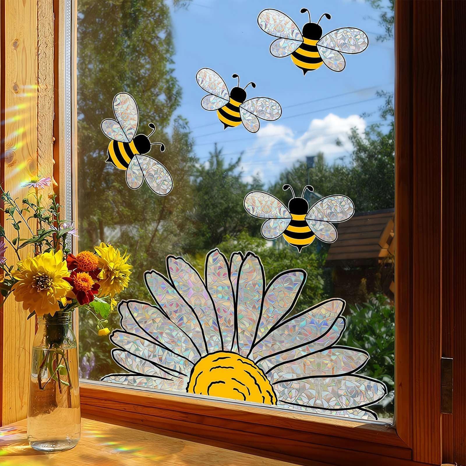 MOPUEA Fenstersticker Doppelseitige Fensteraufkleber Bienen Blumen Fensterdeko, Doppelseitig sichtbar wiederverwendbar ohne Kleber