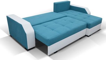 MOEBLO Ecksofa LORIS, Eckcouch mit Schlaffunktion mit zwei Bettkasten Couch L-Form Polstergarnitur Wohnlandschaft Polstersofa mit Ottomane Couchgranitur, - (BxHxT): 250x90x150 cm