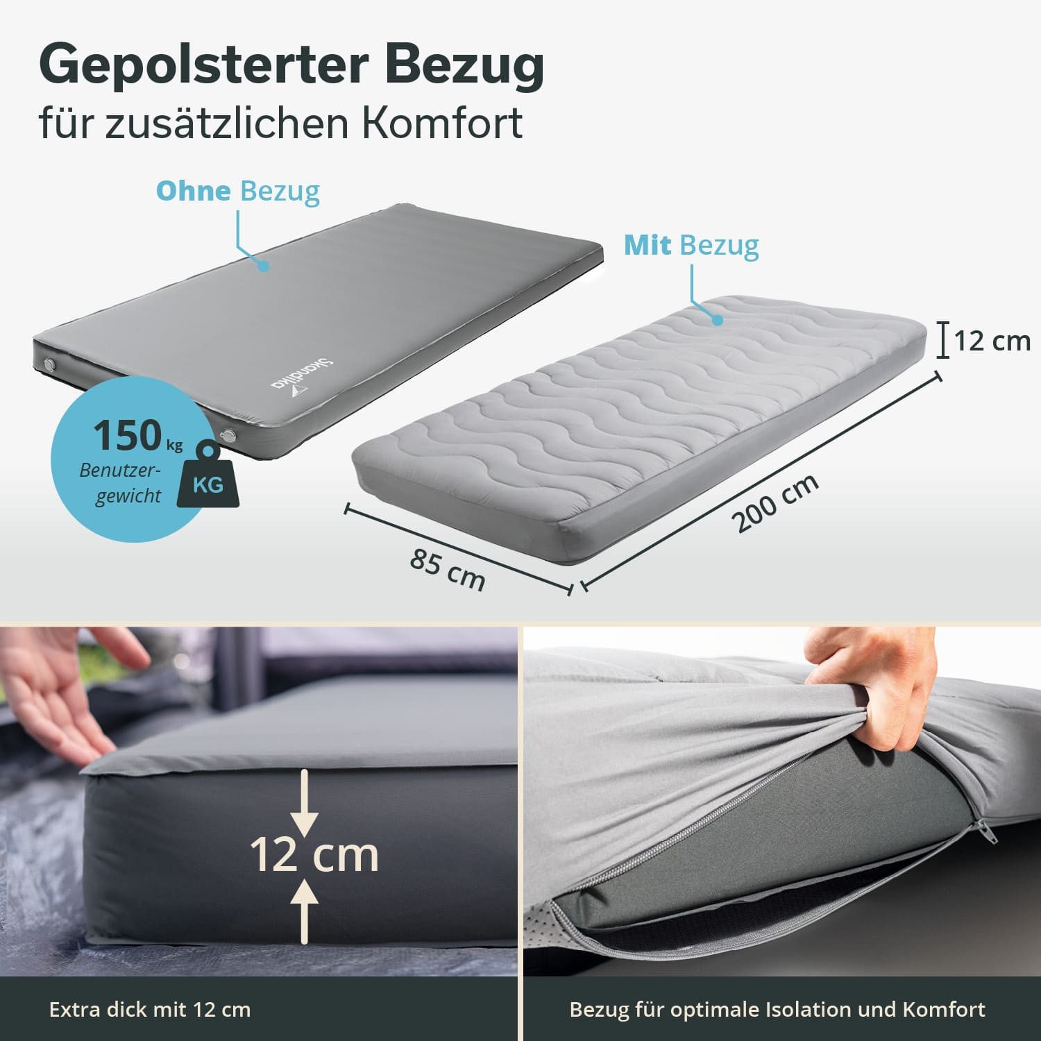 Skandika Luftmatratze Easy 3D Premium Flex Bundle, Luftmatratze mit Bezug, Schaumstoff, (Tragetasche, Antirutsch-Noppen des Bezugs), Softtouch-Oberfläche, USB-C Pumpe, selbstaufblasend, R-Wert von 12,2