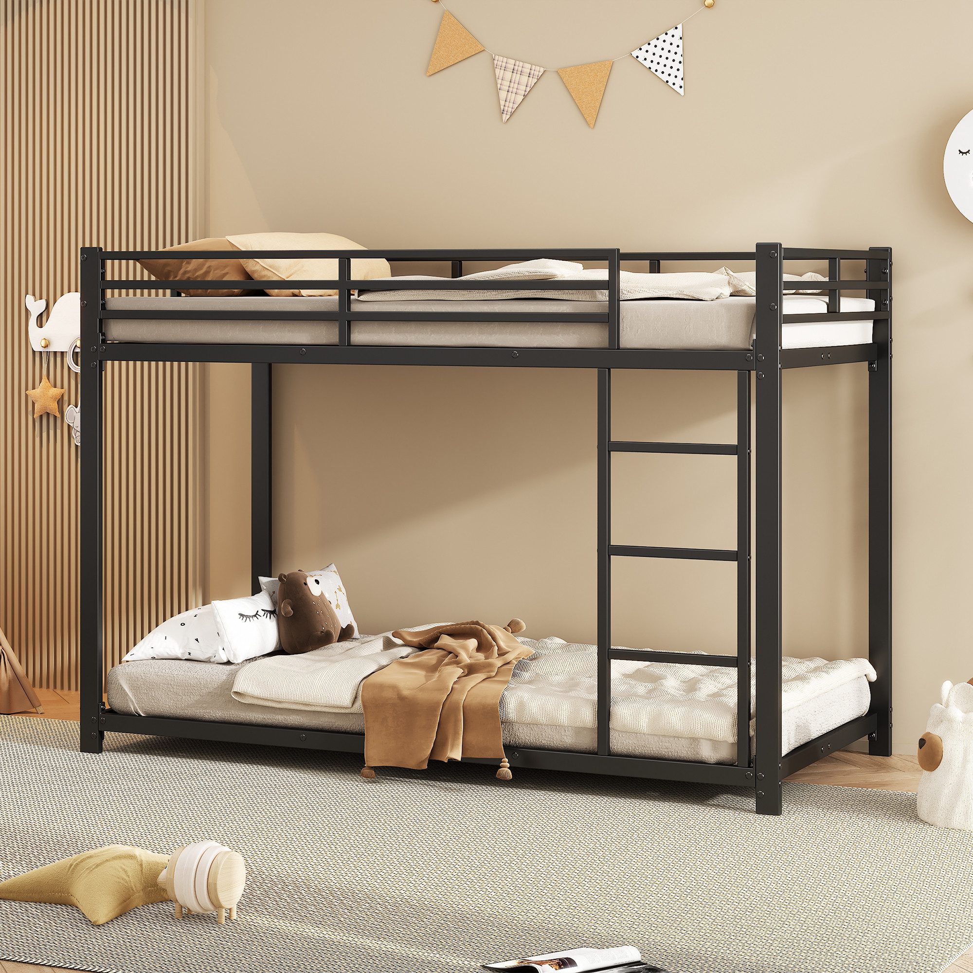HAUSS SPOLE Etagenbett 90x200cm Kinderbetten, Eisenbetten in klassischer Form, Schwarz (stabil mit Sicherheitsleisten, hohe Tragfähigkeit, ideal für kleine Familien und Jugendzimmer, 90 x 200 cm), ohne Matratze