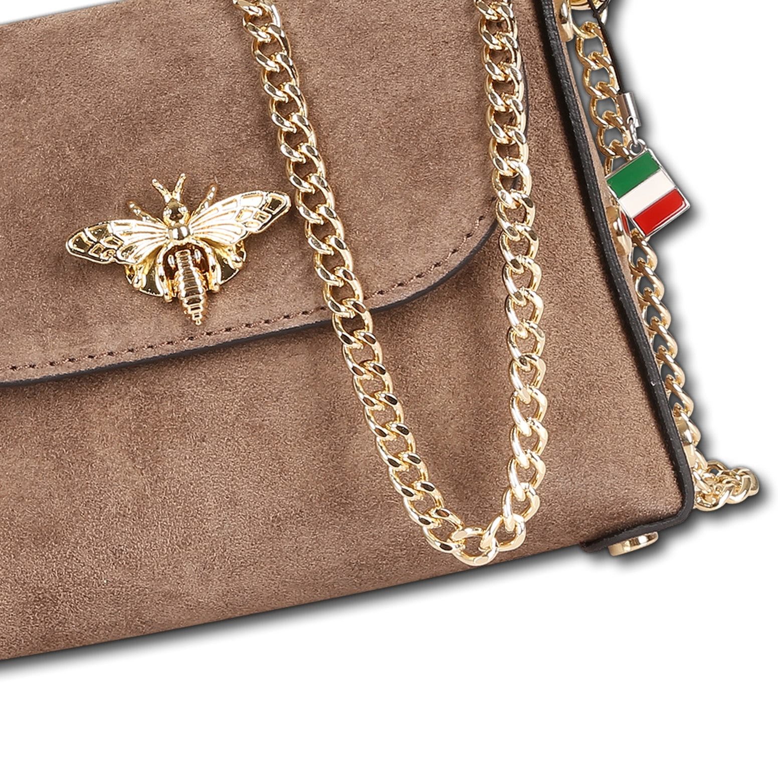 FLORENCE Umhängetasche Florence Biene Damen Handtasche Wildleder (Umhängetasche), Damen Umhängetasche Leder, taupe, beige ca. 19cm x ca. 14cm hoch