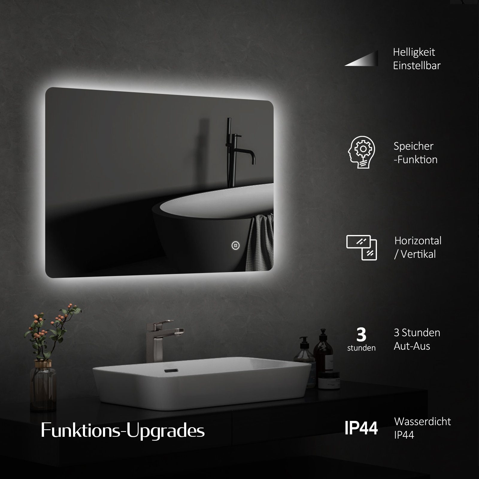 EMKE Badspiegel LED Badezimmerspiegel mit Beleuchtung, mit Touch-schalter Helligkeit Einstellbar und Beschlagfrei