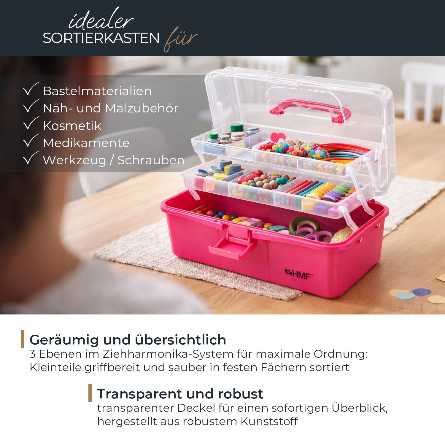 HMF Aufbewahrungsbox Nähkasten aufklappbar mit 3 Ebenen, Sortierbox mit 8 F günstig online kaufen