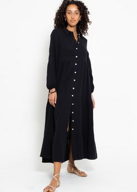 SASSYCLASSY Maxikleid Musselin Maxi Kleid mit Volants Baumwollleid mit Kragen, Knopfleiste und einem Gummizug am Ärmel