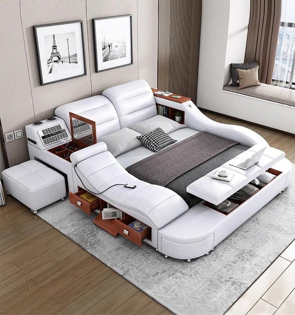 JVmoebel Multimediabett Multifunktionales Bett in Weiß mit USB-Anschluss und Massagefunktion