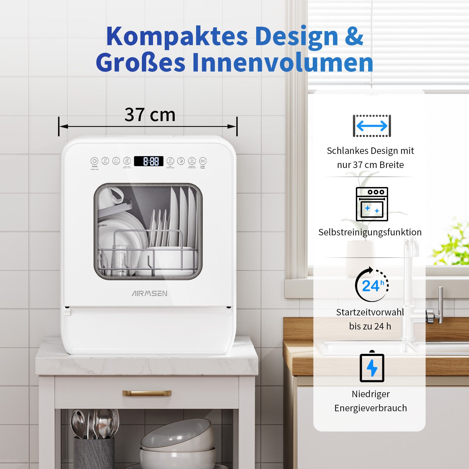 Airmsen Tischgeschirrspüler ZMW-DUHC01 Mini Geschirrspüler mit wassertank,9 Programme,37 * 50cm Ultra-Schmal & Tief, 1-24H Timer, 5 l, 4 Maßgedecke, Kompakt,Erweiterbarer Spülkorb