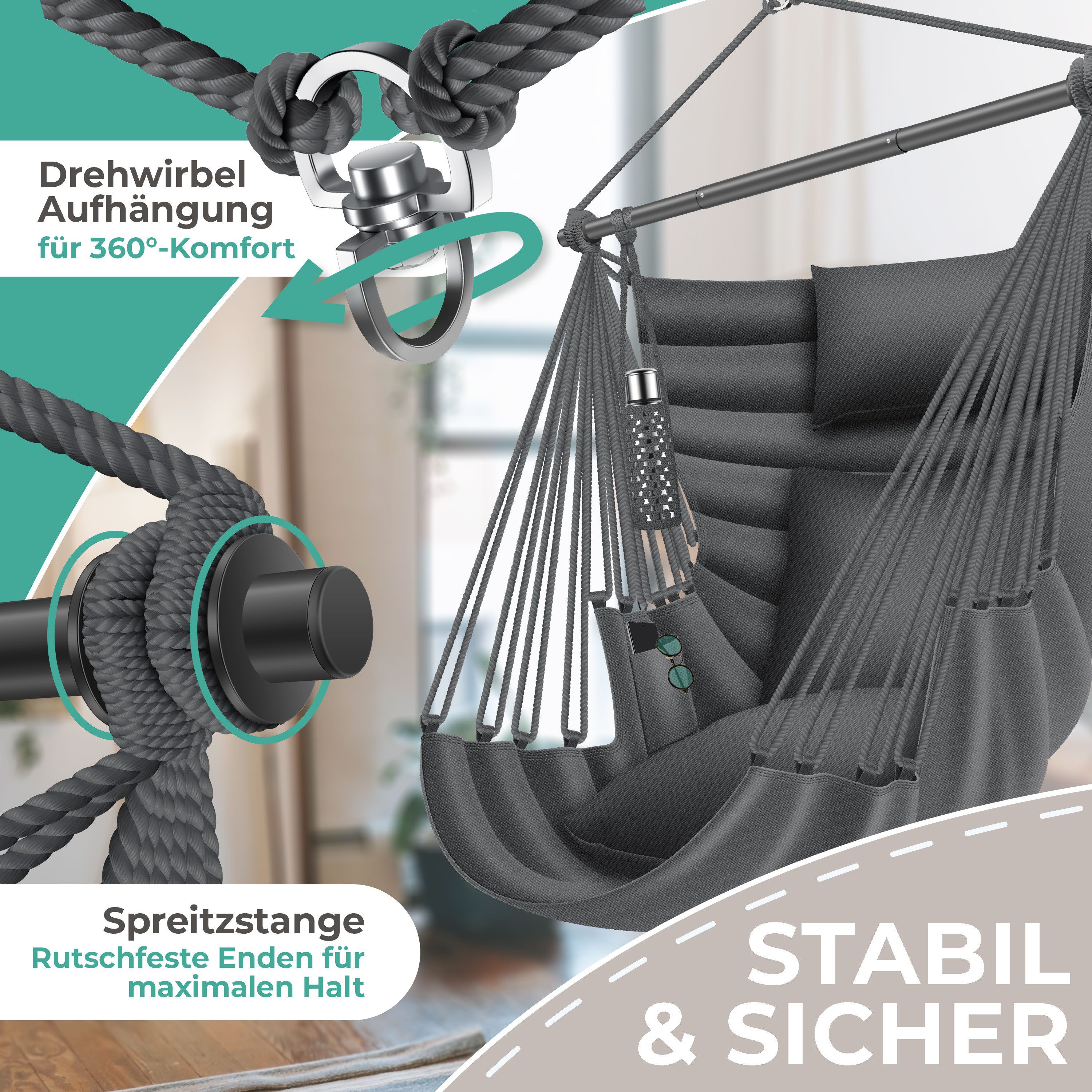 KESSER Hängesessel Haiti 150kg Traglast, Indoor & Outdoor Hängestuhl (Hängeschaukel mit 2 Kissen, Tragetasche, Flaschenhalter & Montage-Set), 360° Hängematte Pflegeleicht, UV-beständig & Wasserfest