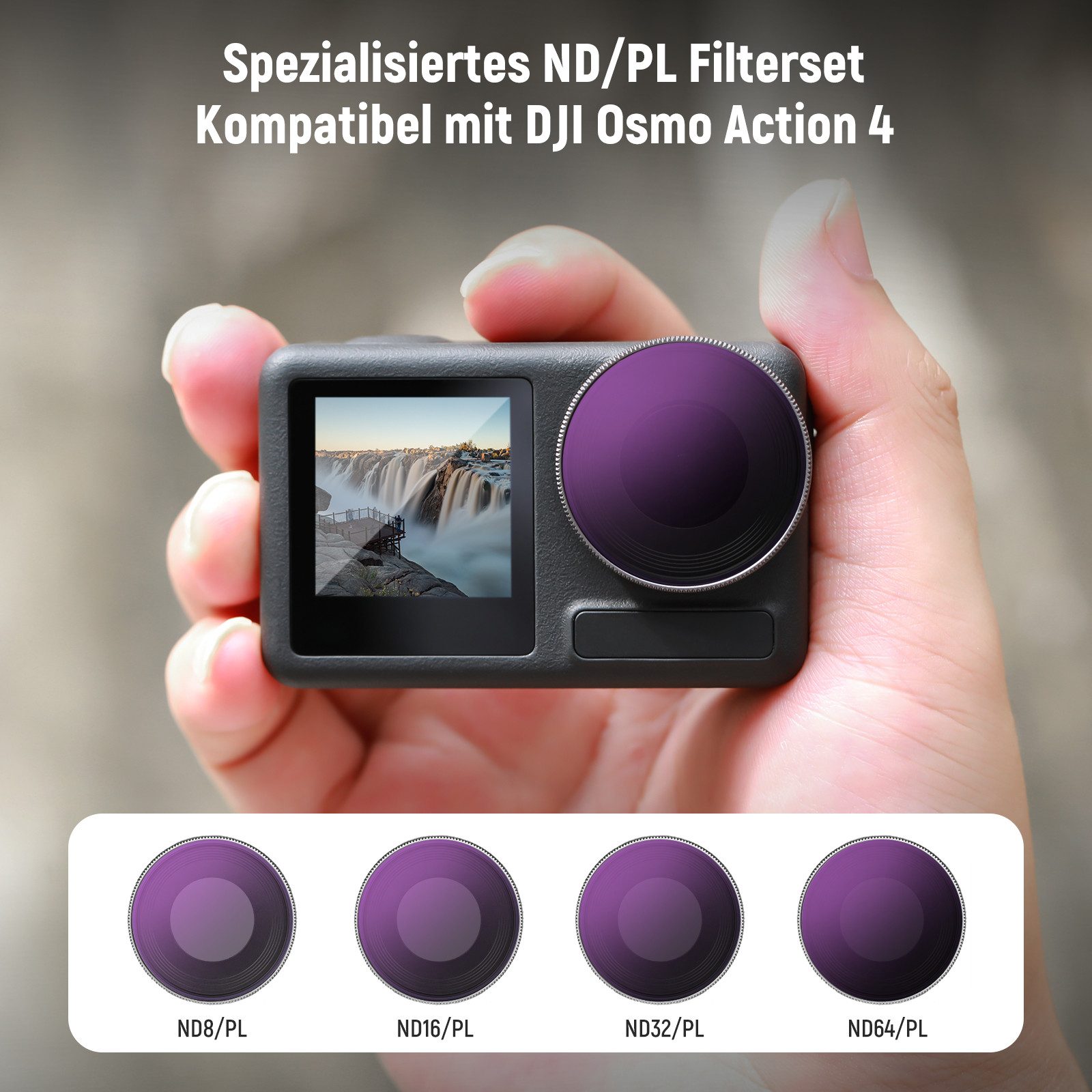 Neewer 4Pack ND/PL Filter Set kompatibel mit DJI Osmo Action 5 Pro / Action 4 Foto-Filter-Sets (ND8/PL+ND16/PL+ND32/PL+ND64/PL Kamera Filterset HD optisches Glas)