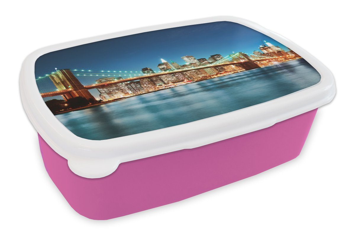 MuchoWow Lunchbox Brotbox - (2-tlg), für Brooklyn New Architektur Brücke Licht, rosa Kunststoff Mädchen, - - York Erwachsene, Snackbox, - Brotdose Kinder, Kunststoff