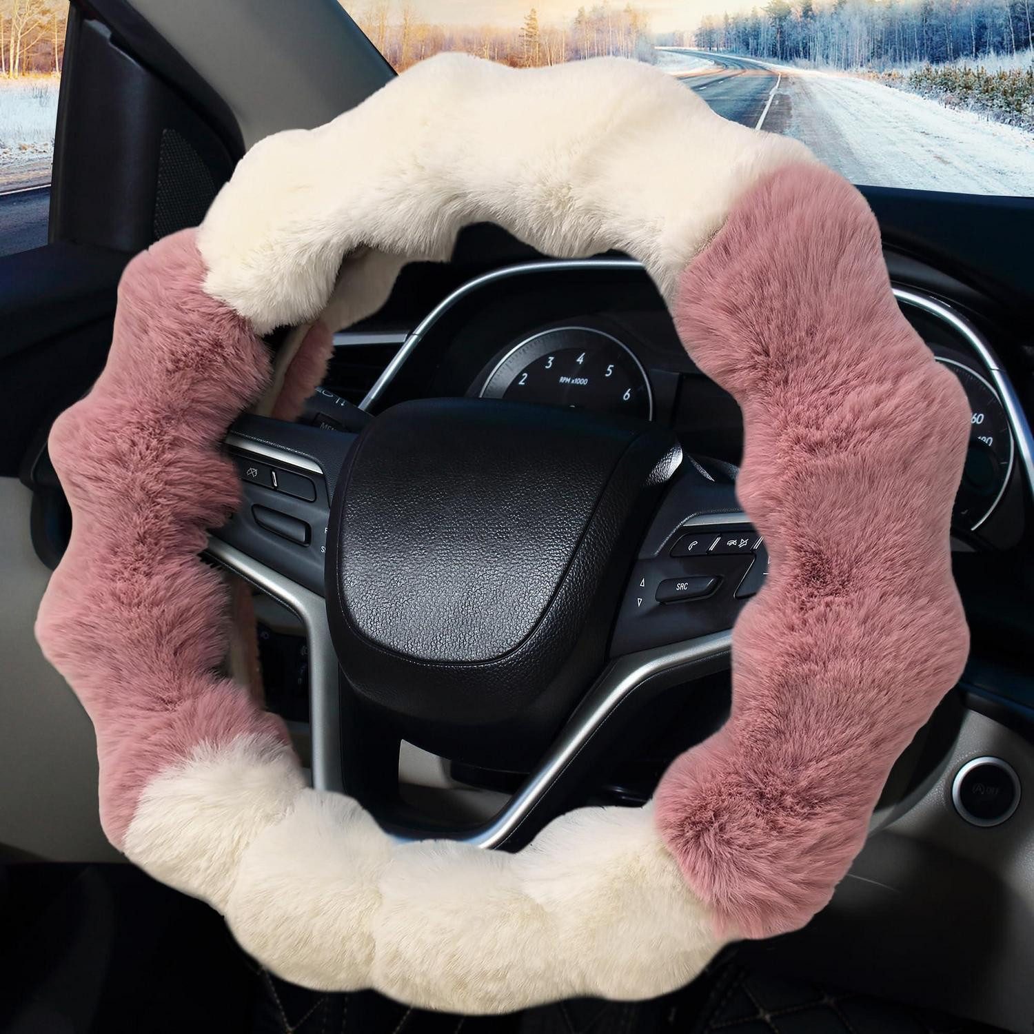 LuxusKollektion Lenkradbezug Lenkradbezug Plüsch Fell Winter 36-39cm Lenkradschoner Rosa Weiß