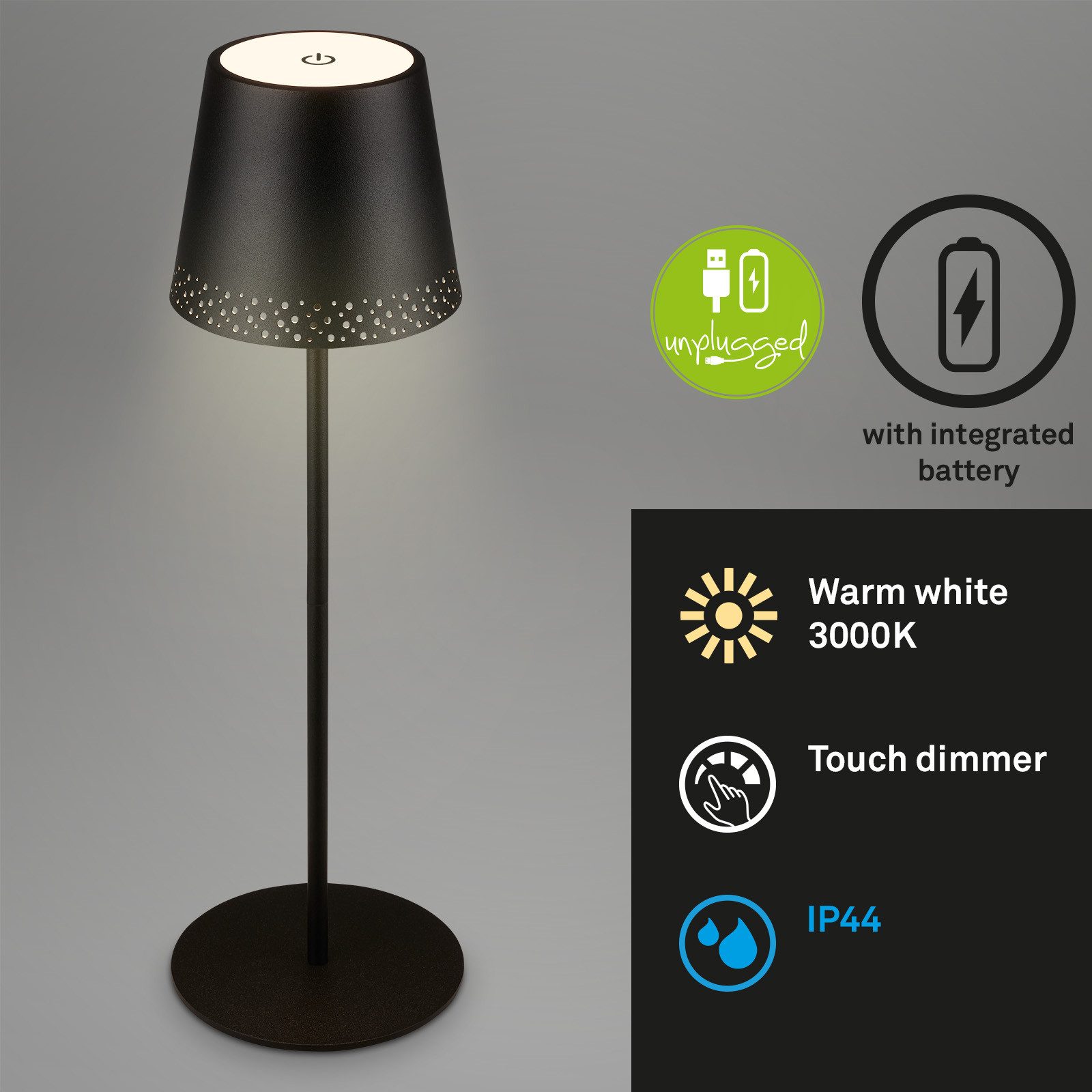 Briloner Leuchten Tischleuchte kabellose LED Tischlampe dimmbar Indoor/Outdoor, LED fest integriert, mit Akku, höhenverstellbar, USB-C, warmweiß, IP44, 38 cm
