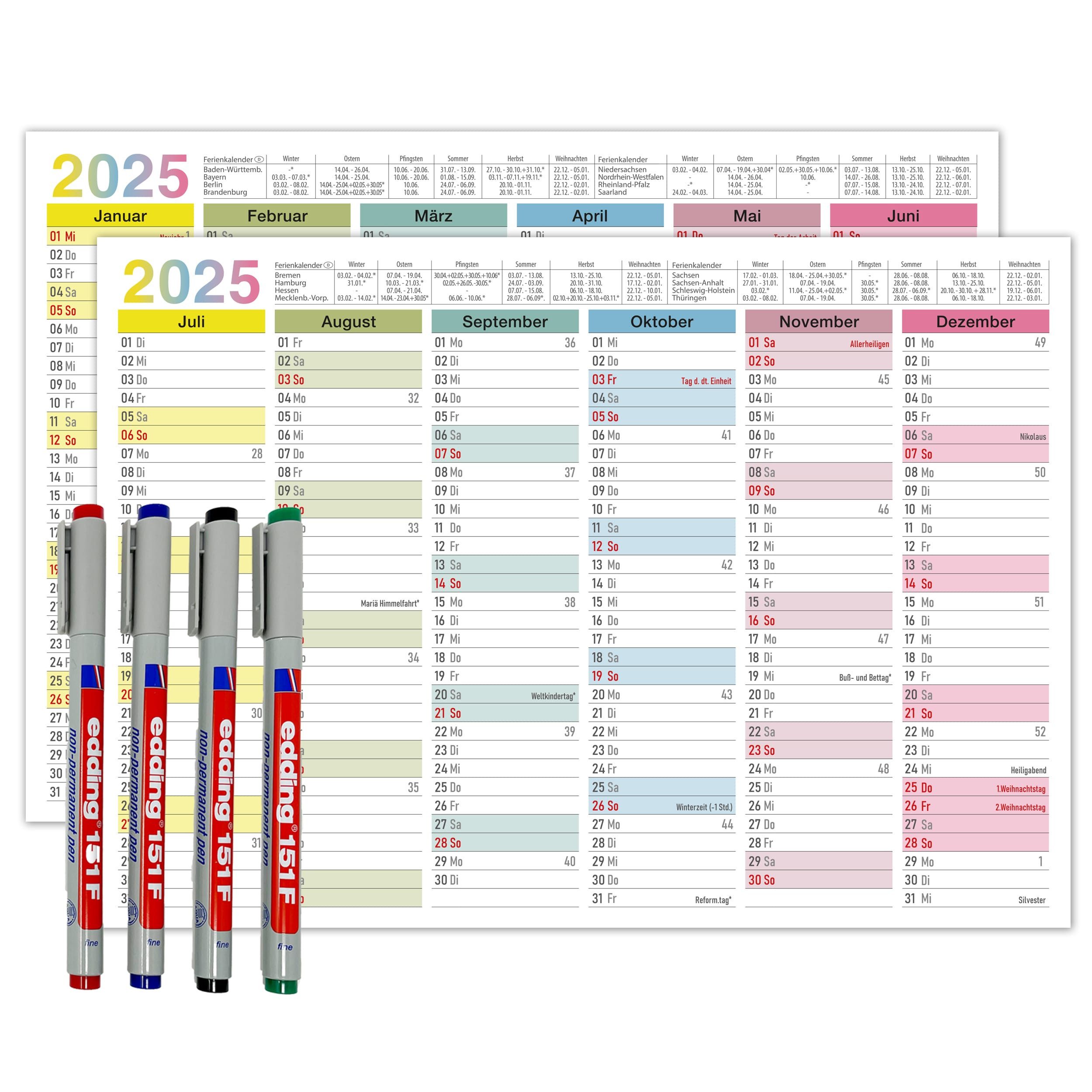 TOBJA Wandkalender Abwischbarer Wandkalender 2025 A4 - "Bunt", Tafelkalender inkl. 4 Stifte Kalender A4 abwischbar