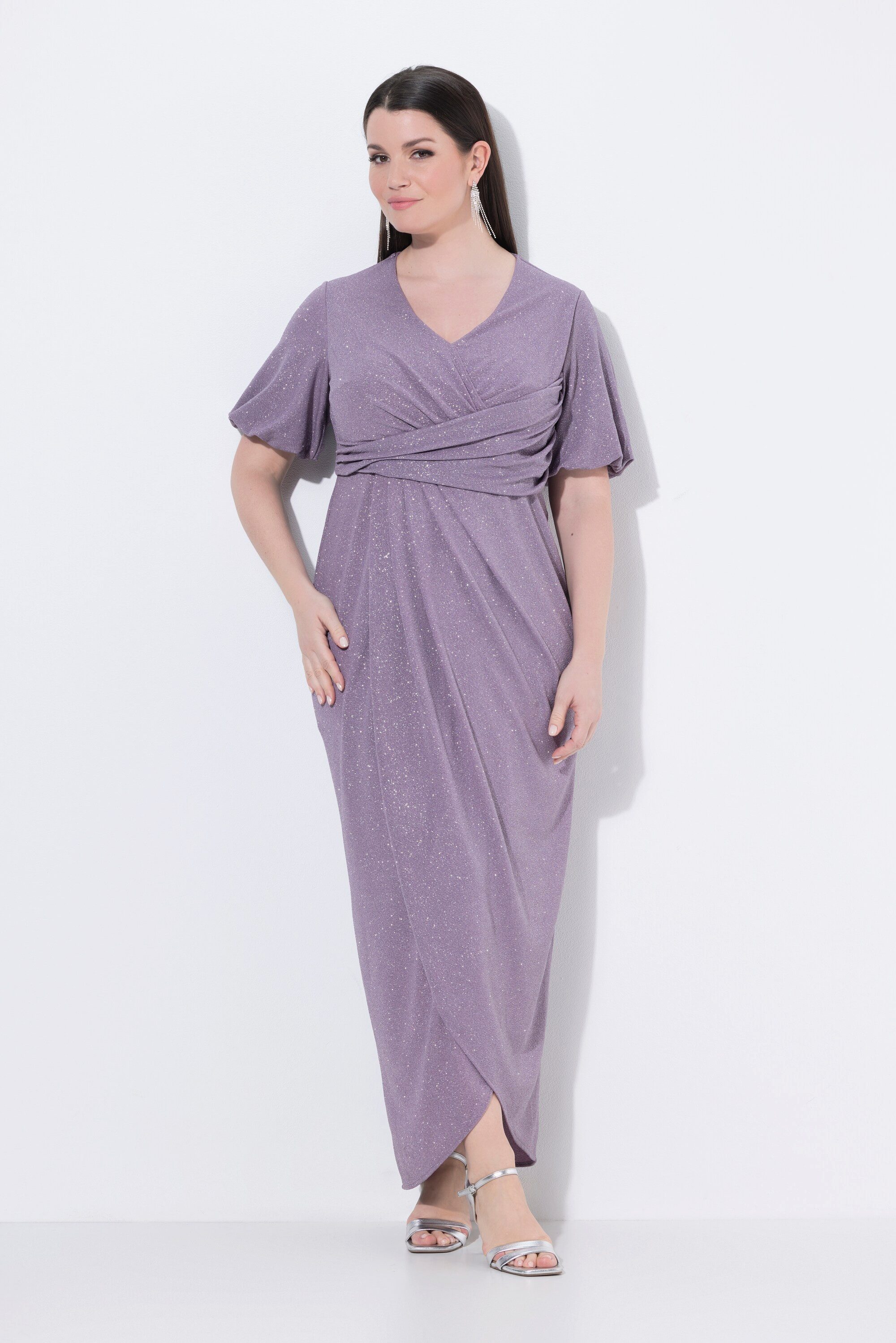 Ulla Popken Midikleid Maxikleid Wickeloptik V-Ausschnitt Ballon-Halbarm