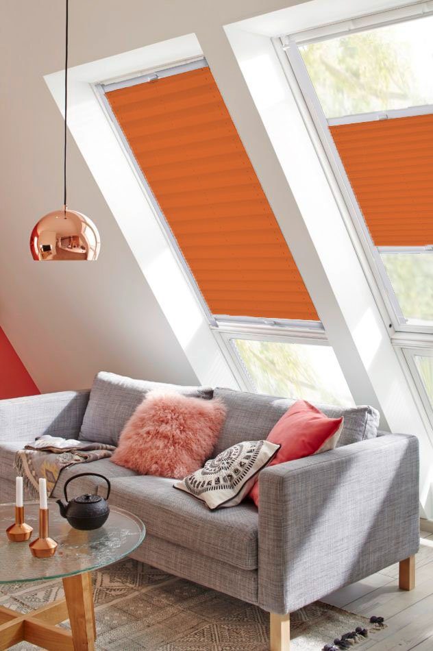 Dachfensterplissee Young Style Crush, mit Führungsschienen verspannt, Lichtschutz, orange sunlines, verschraubt