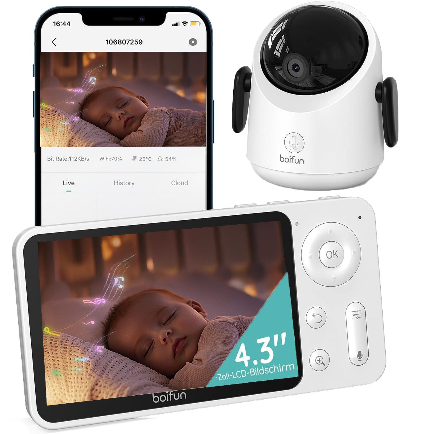 Boifun Video-Babyphone WLAN Babyphone mit Kamera 4,3” 2MP Kamera App-Steuerung mit Halterung, IR Nachtsicht 2500mAh 4X Zoom 360° Ansicht Zwei-Wege-Audio Temperaturüberwachung, 1-tlg., Bewegungsverfolgung Weinen/Bewegungs/Geräuscherkennung, Unterstützt Mehrere Schlaflieder zum Aufrufen mit einem Klick