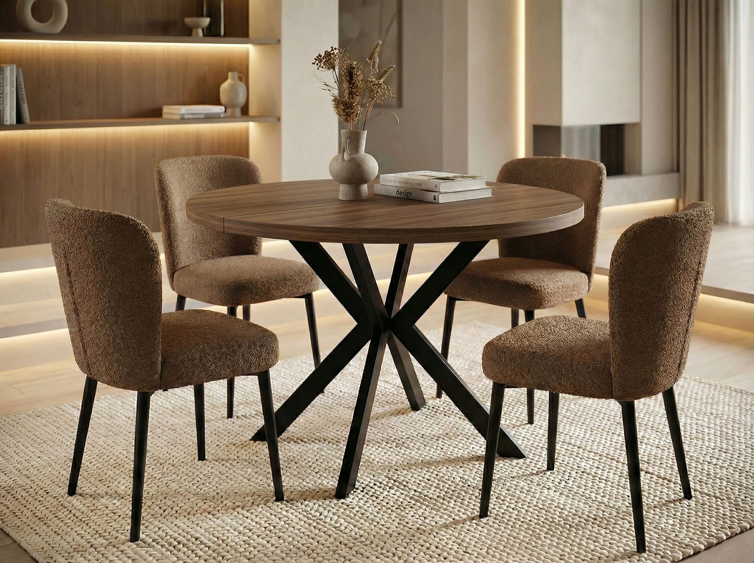 WFL GROUP Esstisch Valeo ausziehbar rund industrial mit schwarzen Metallbeinen (MADE IN EU, erhältlich in zwei Größen – 100/120 cm, ausziehbar auf 180/200 cm), platzsparender Tisch in Holzoptik für Küche, Esszimmer oder Wohnzimmer