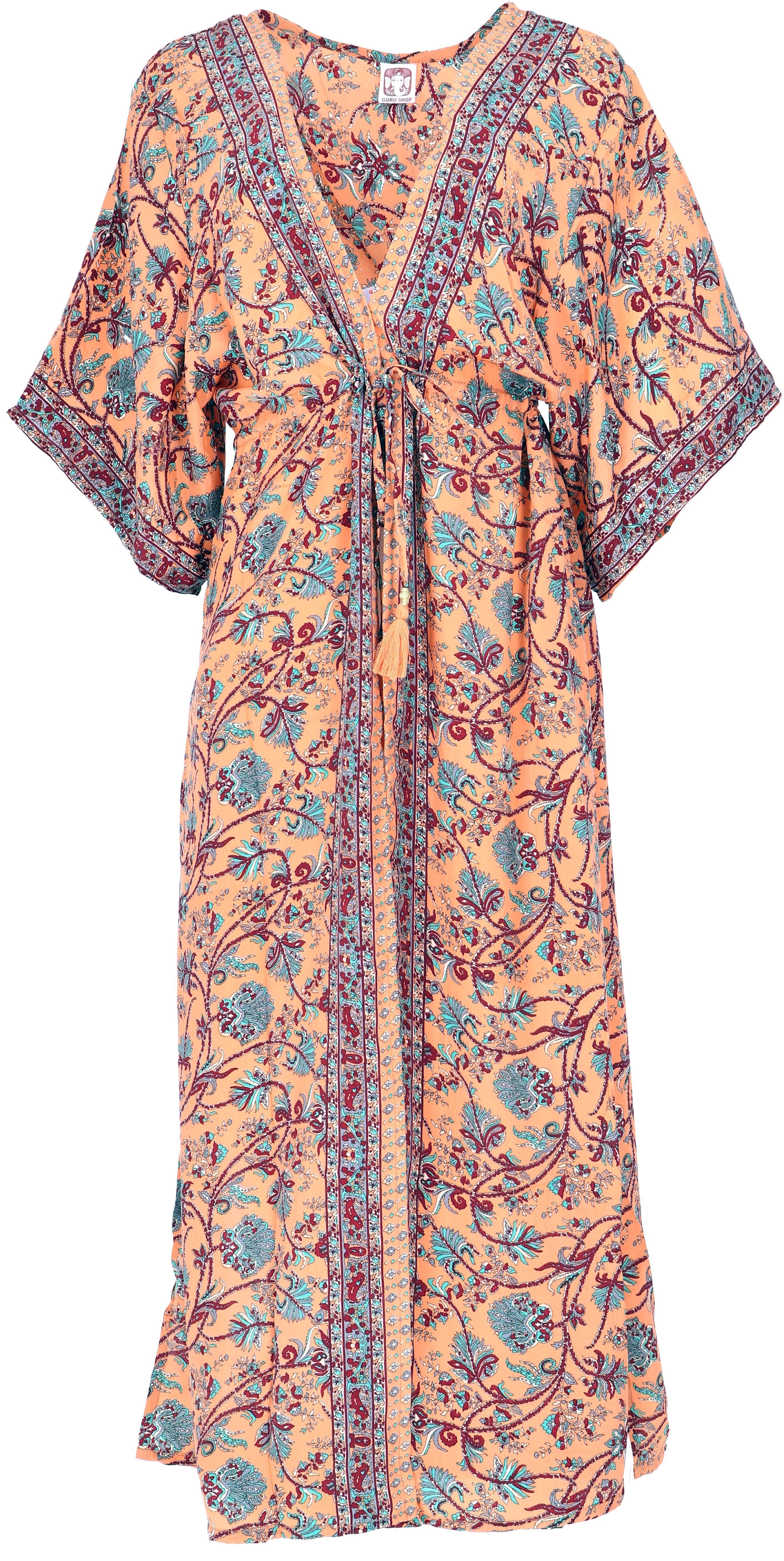 Guru-Shop Kimono Kimonokleid, seidig glänzender Boho Kimono,.., alternative Bekleidung apricot