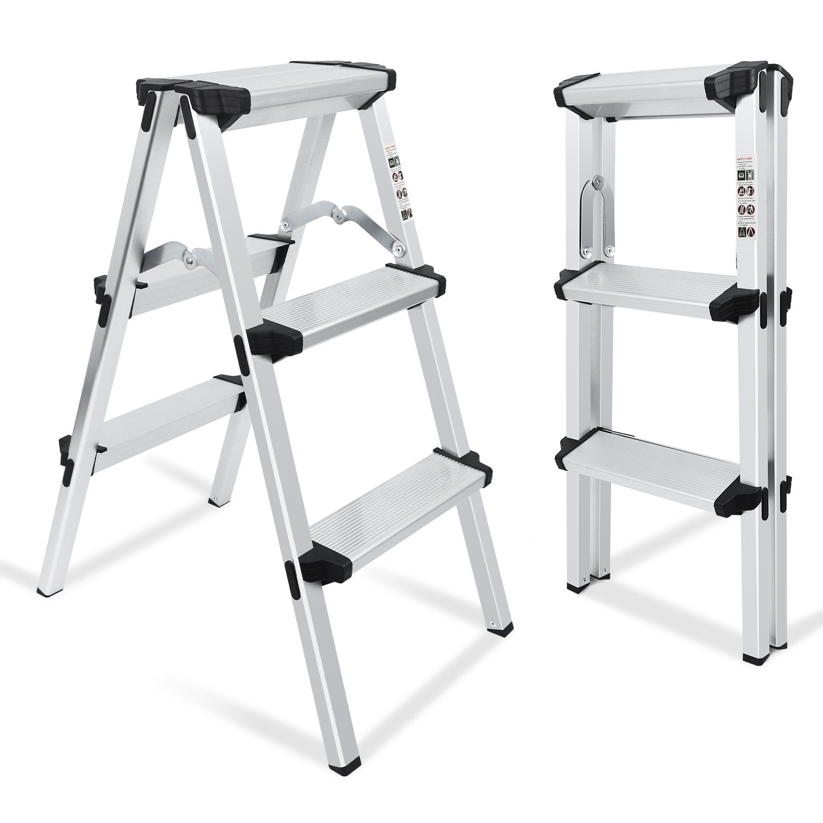 kisidus Trittleiter mit 3 Stufen/ 2 Stufen, Alu Klapptritt, Haushaltsleiter bis 150 kg, (Stehleiter beidseitig begehbar, Zweiseitige Aluleiter, Stufenstehleiter), Mehrzweckleiter
