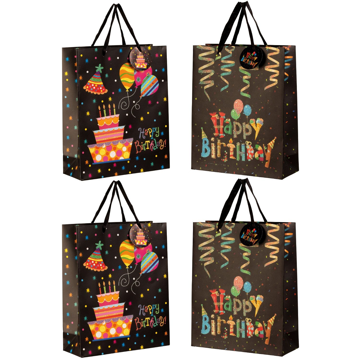 meberg Geschenktüten 4er Set Happy Birthday modern Schwarz Glitzer, (4St), Papie