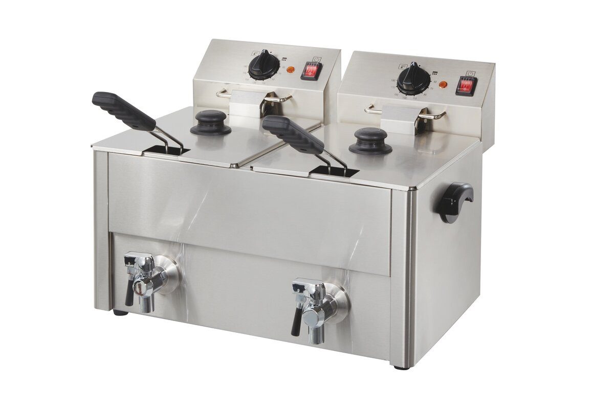 GastroHero Fritteuse Doppel Fritteuse ECO 10+10 Liter mit Ablasshahn Edelstahl, 3250 W