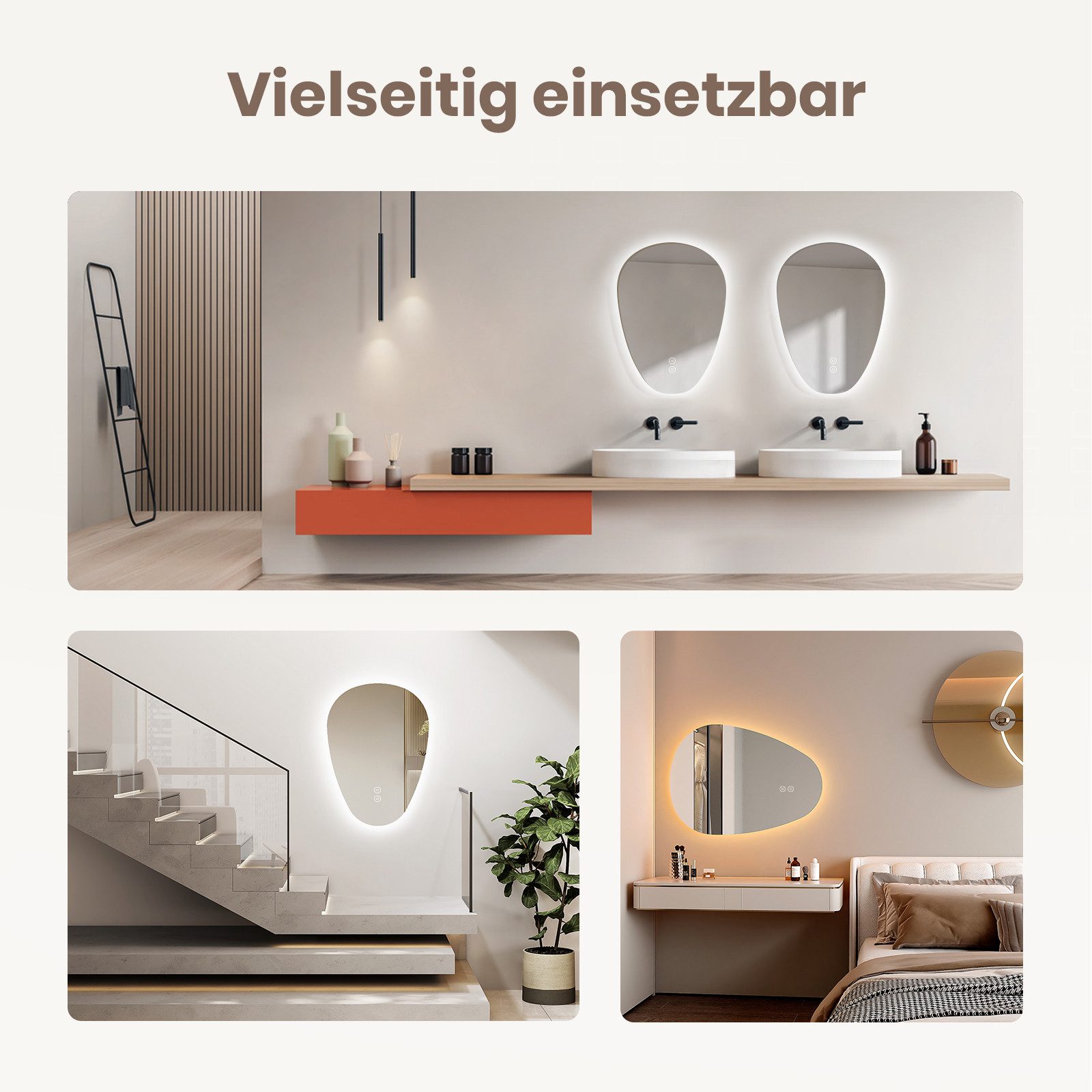 EMKE Badspiegel mit Beleuchtung Wandspiegel asymmetrisch Lichtspiegel Tropfenform, Touchschalter 3 Lichtfarben einstellbare Helligkeit Antibeschlag IP44 – Bild 5 von 5
